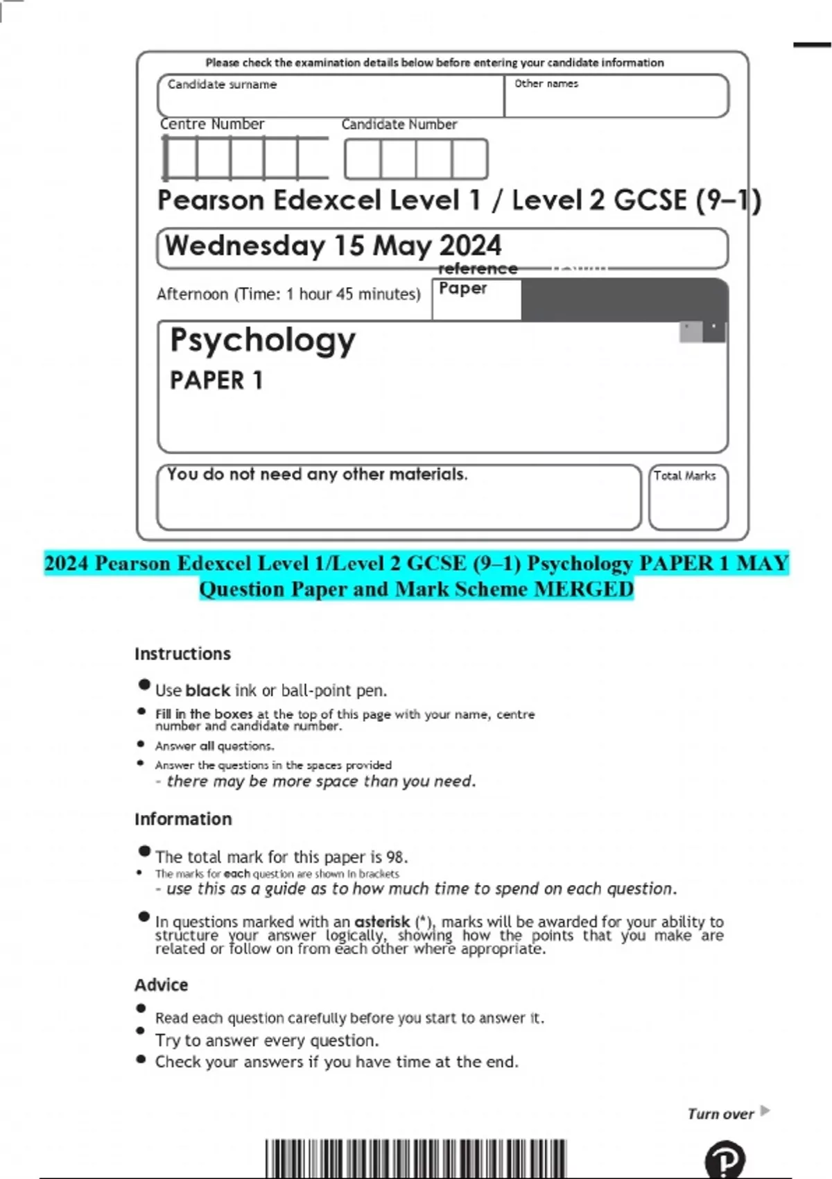 2024 Pearson Edexcel Level 1/Level 2 GCSE (9–1) Psychology PAPER 1 MAY ...
