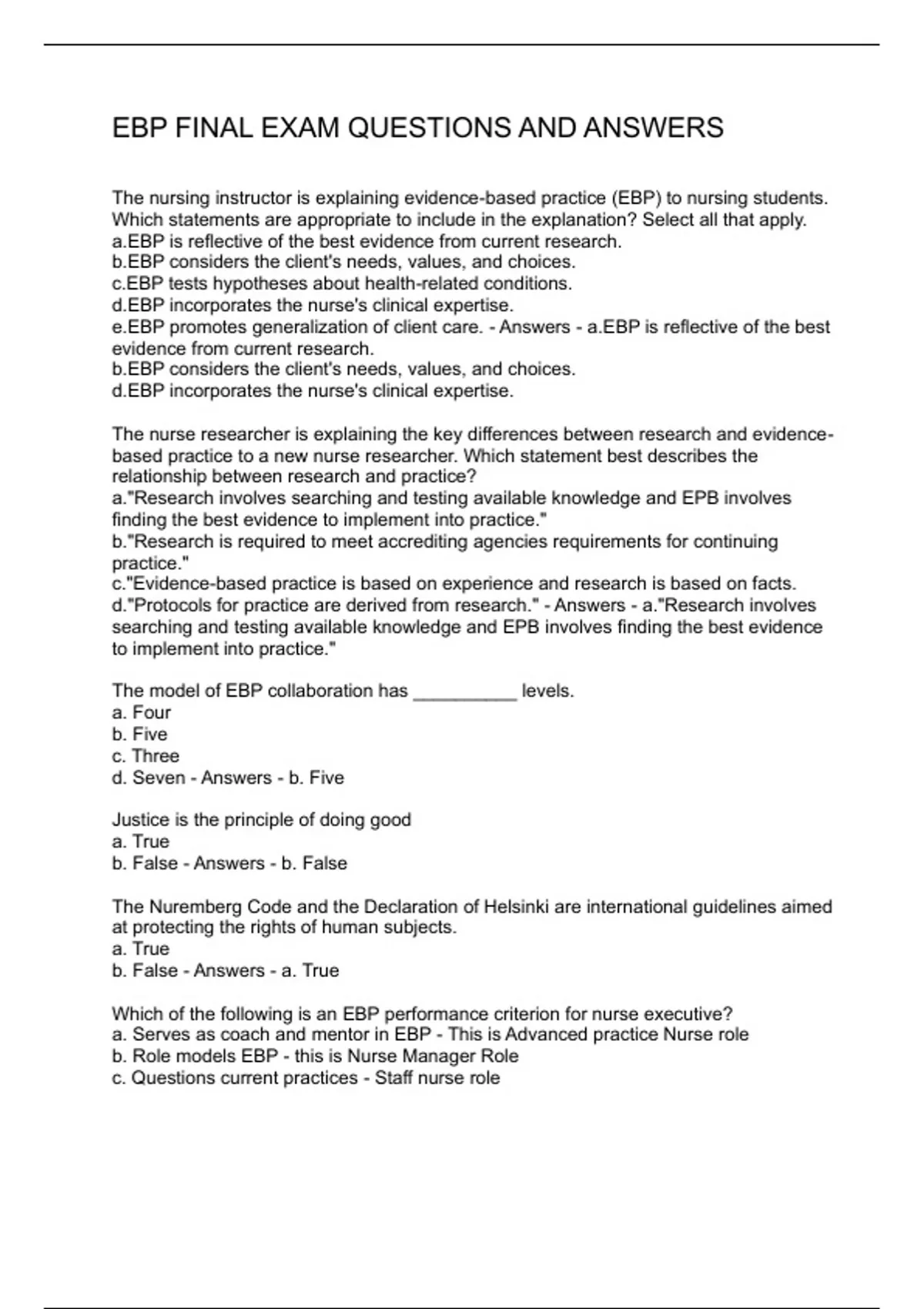 EBP FINAL EXAM QUESTIONS AND ANSWERS - EVIDENCE-BASED PRACTICE - Stuvia US