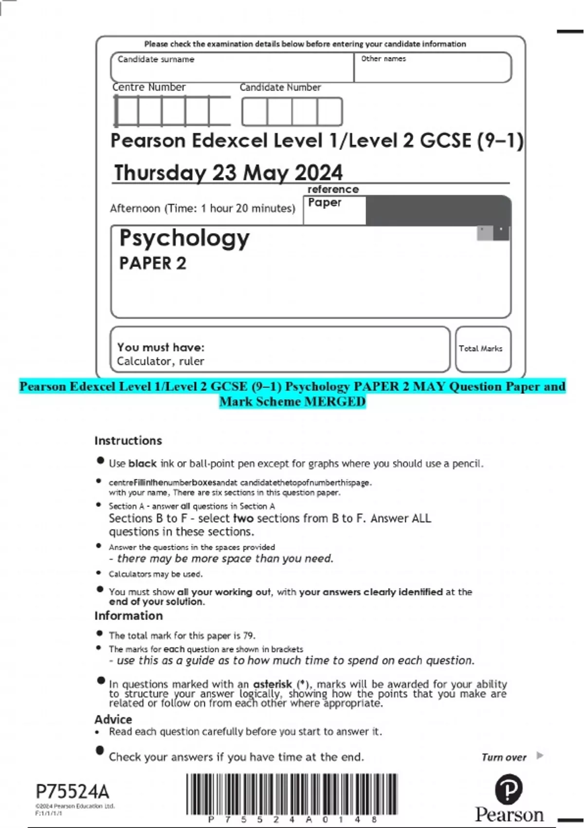 Pearson Edexcel Level 1/Level 2 GCSE (9–1) Psychology PAPER 2 MAY ...