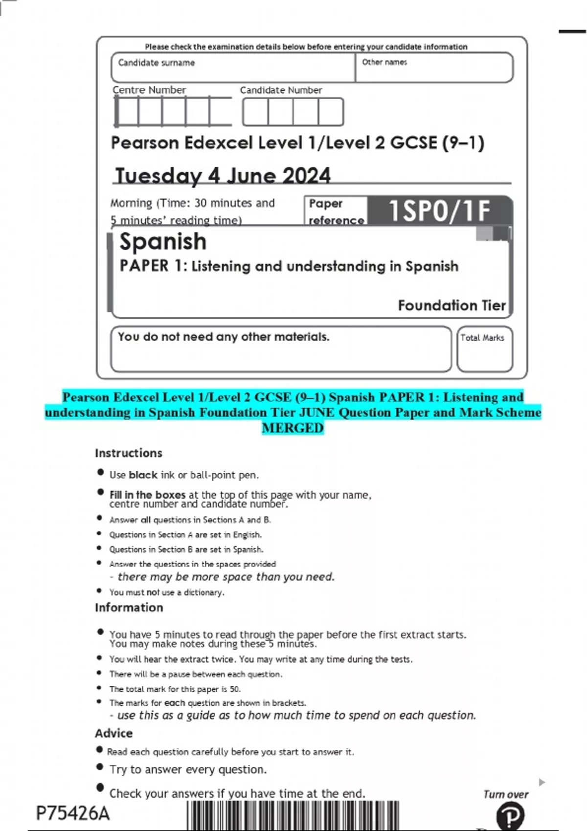 Pearson Edexcel Level 1/Level 2 GCSE (9–1) Spanish PAPER 1: Listening ...