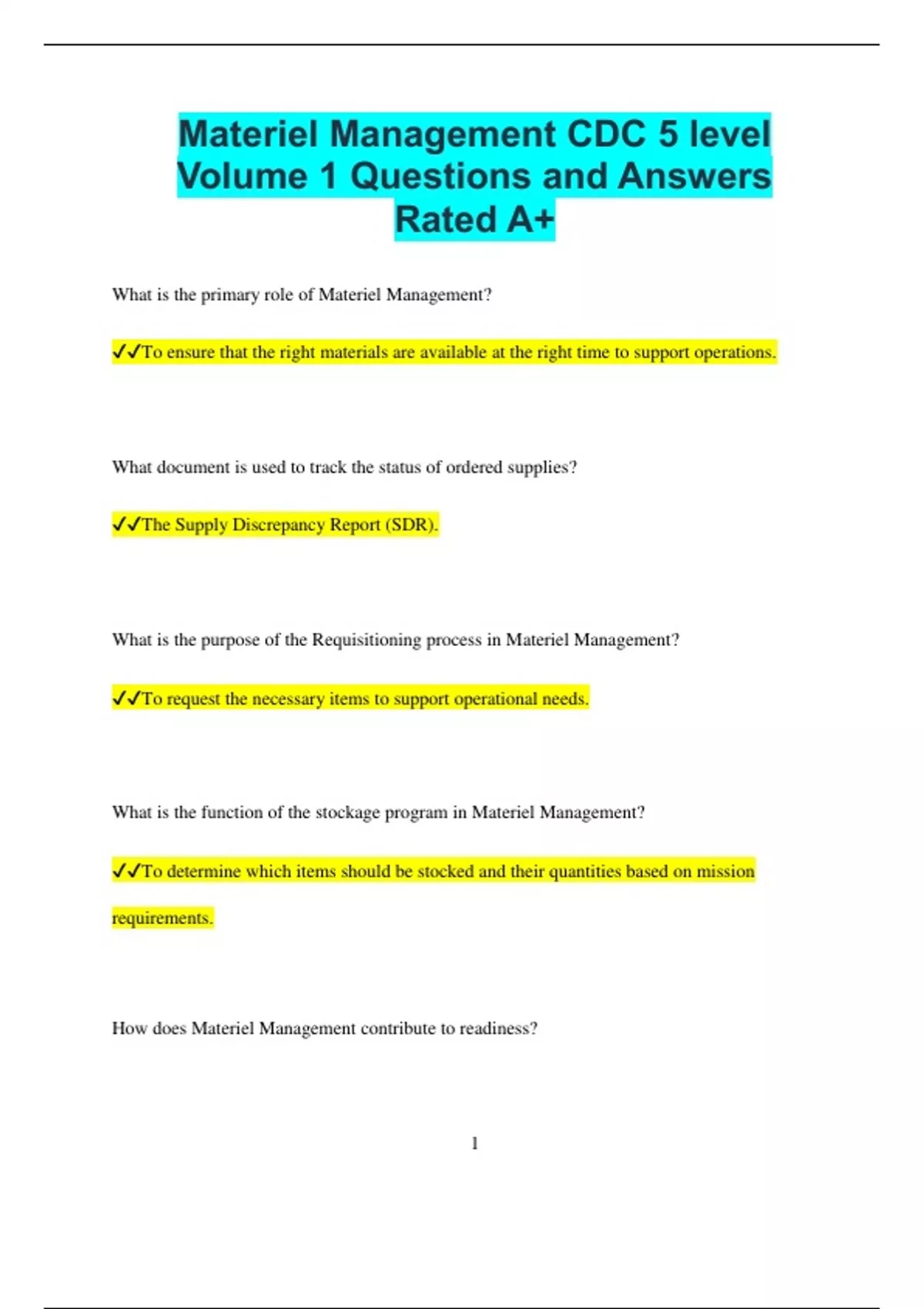 Materiel Management CDC 5 level Volume 1 Questions and Answers Rated A+ ...