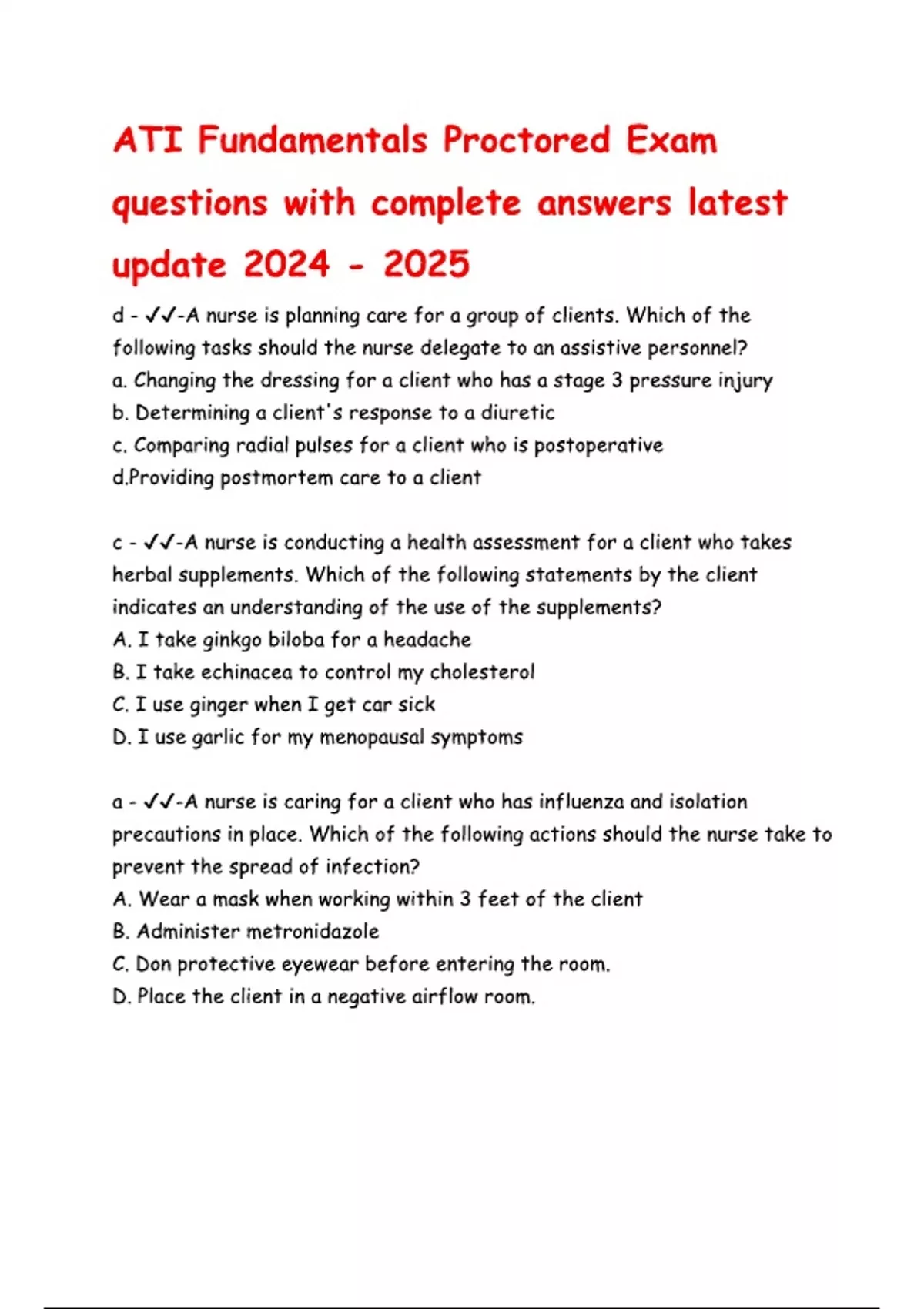 ATI Fundamentals Proctored Exam Questions and Answers (100% CORRECT ...