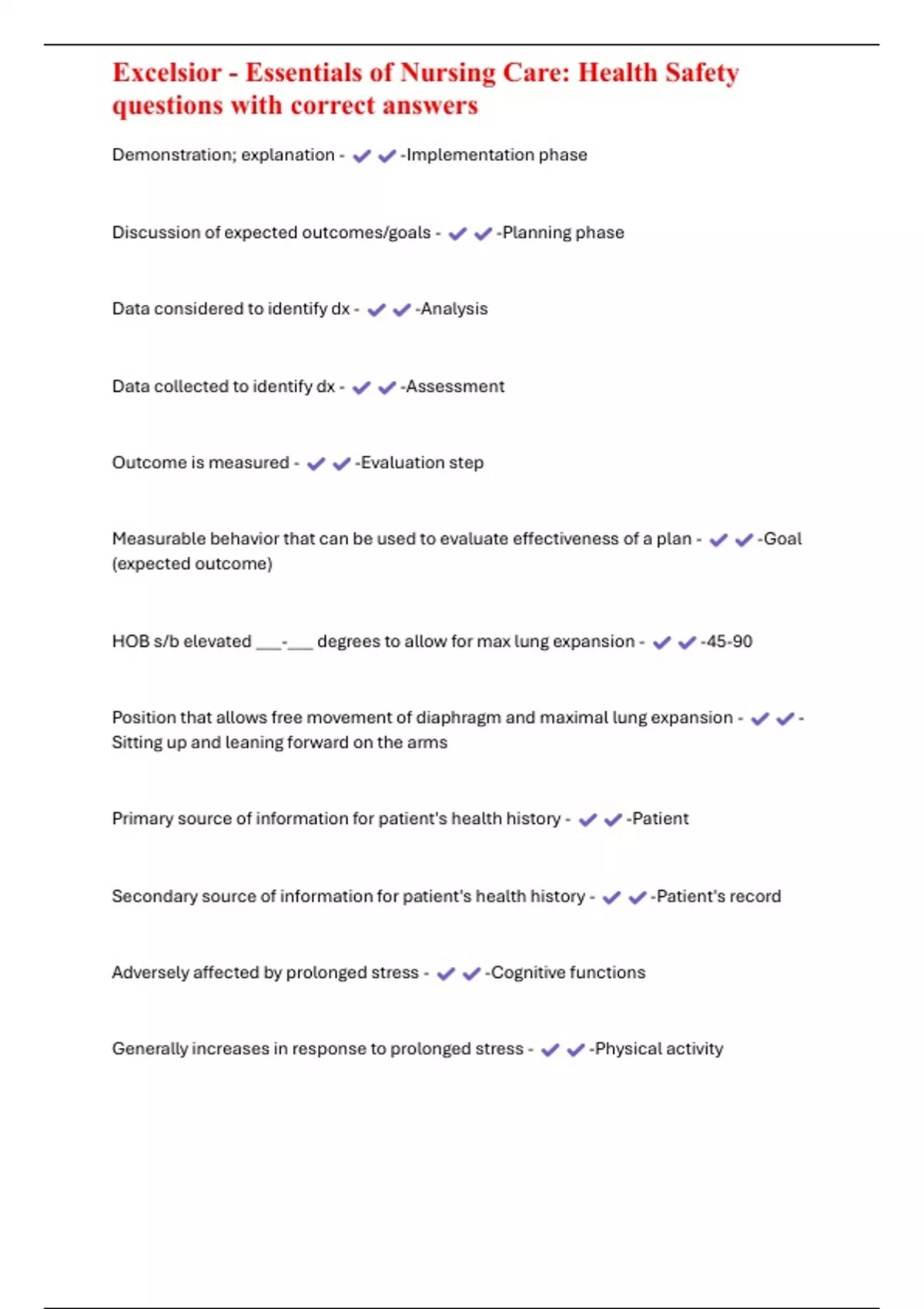 Excelsior Essentials of Nursing Care Health Safety questions with