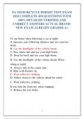 PA MOTORCYCLE PERMIT TEST EXAM  2024 COMPLETE 450 QUESTIONS WITH 100&percnt; DETAILED VERIFIED AND  CORRECT ANSWERS ACTUAL BRANDNEW EXAM ALREADY GRADED A&plus;