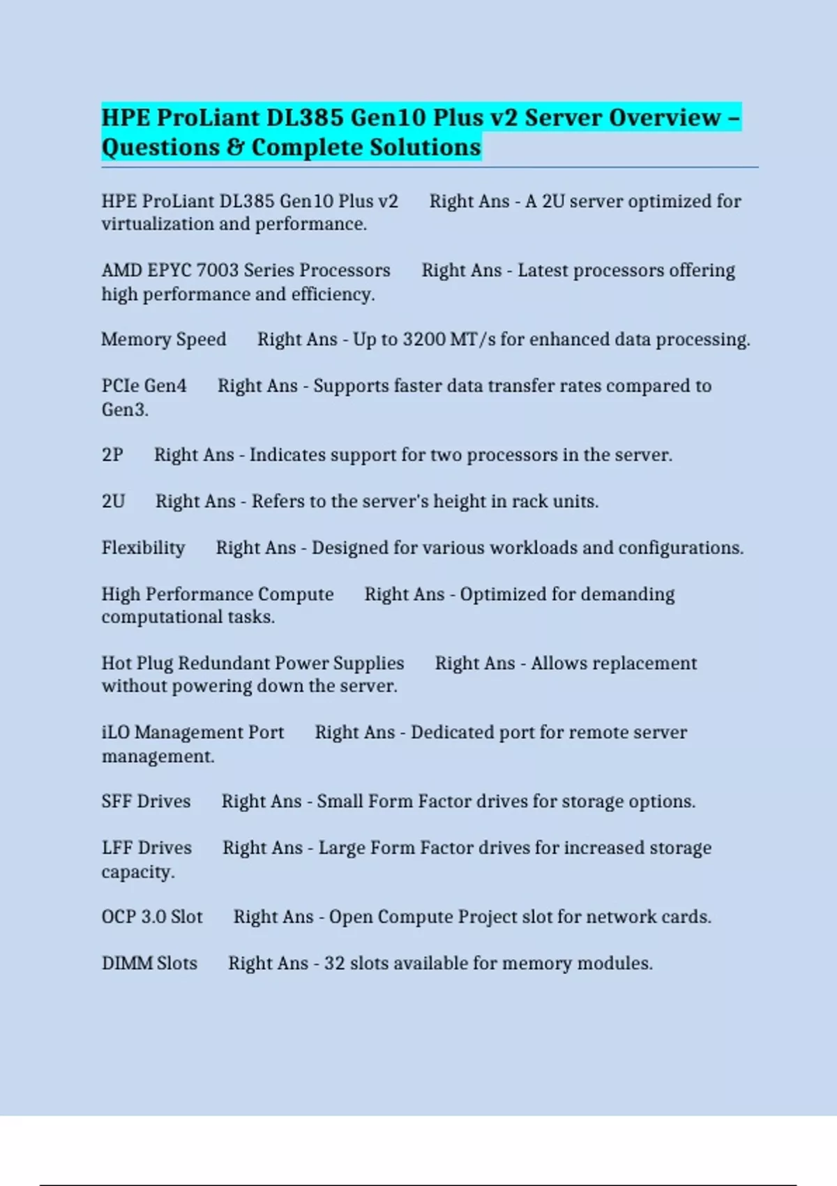 HPE ProLiant DL385 Gen10 Plus v2 Server Overview – Questions & Complete ...