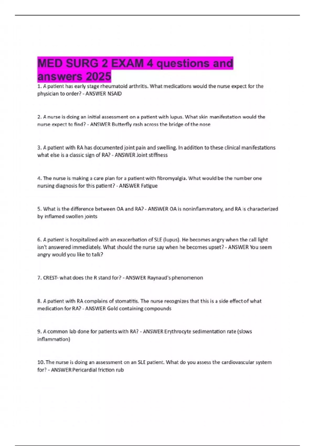 MED SURG 2 EXAM 4 questions and answers 2025 - NUR 185 - Stuvia US