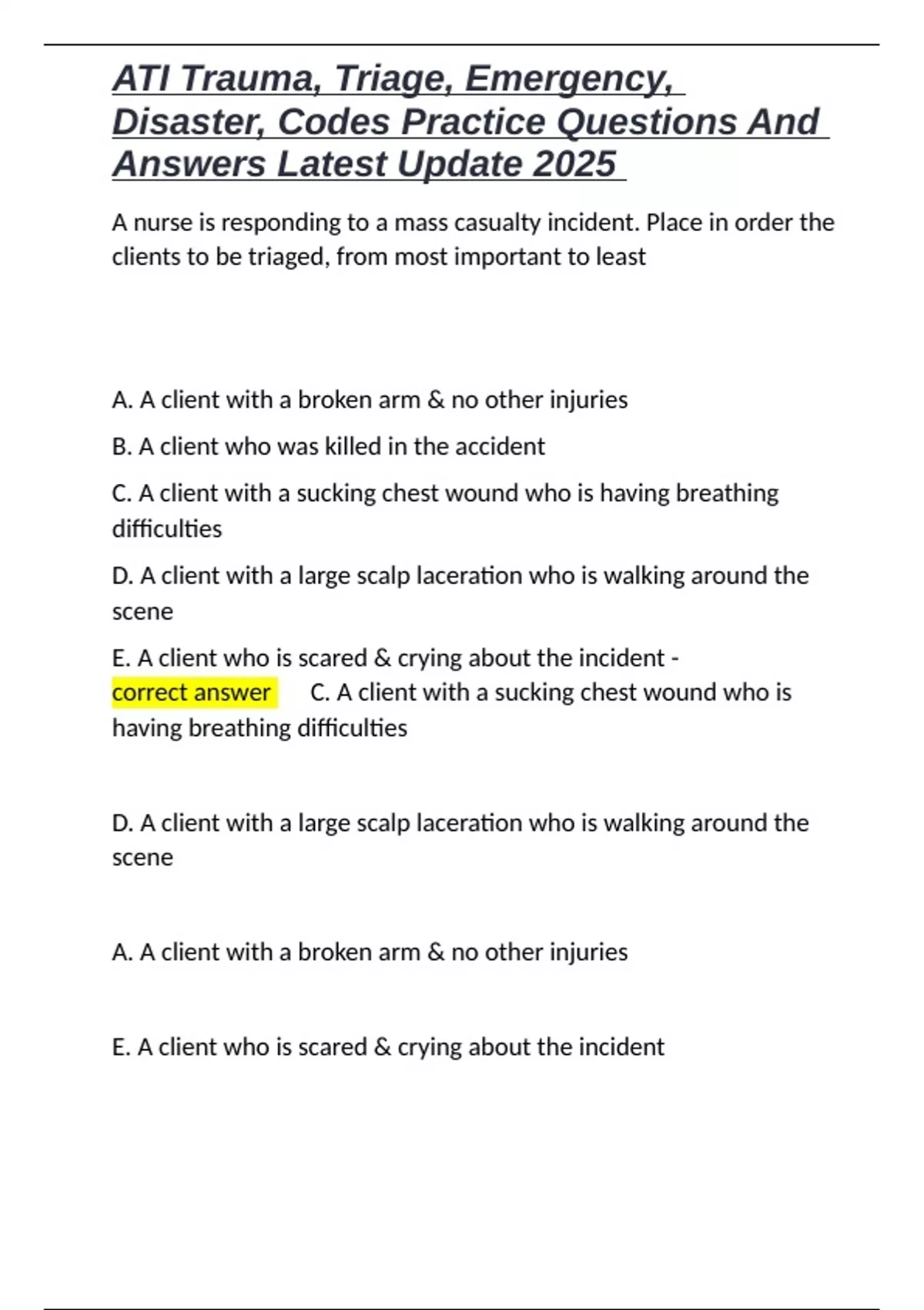 ATI Trauma, Triage, Emergency, Disaster, Codes Practice Questions And ...