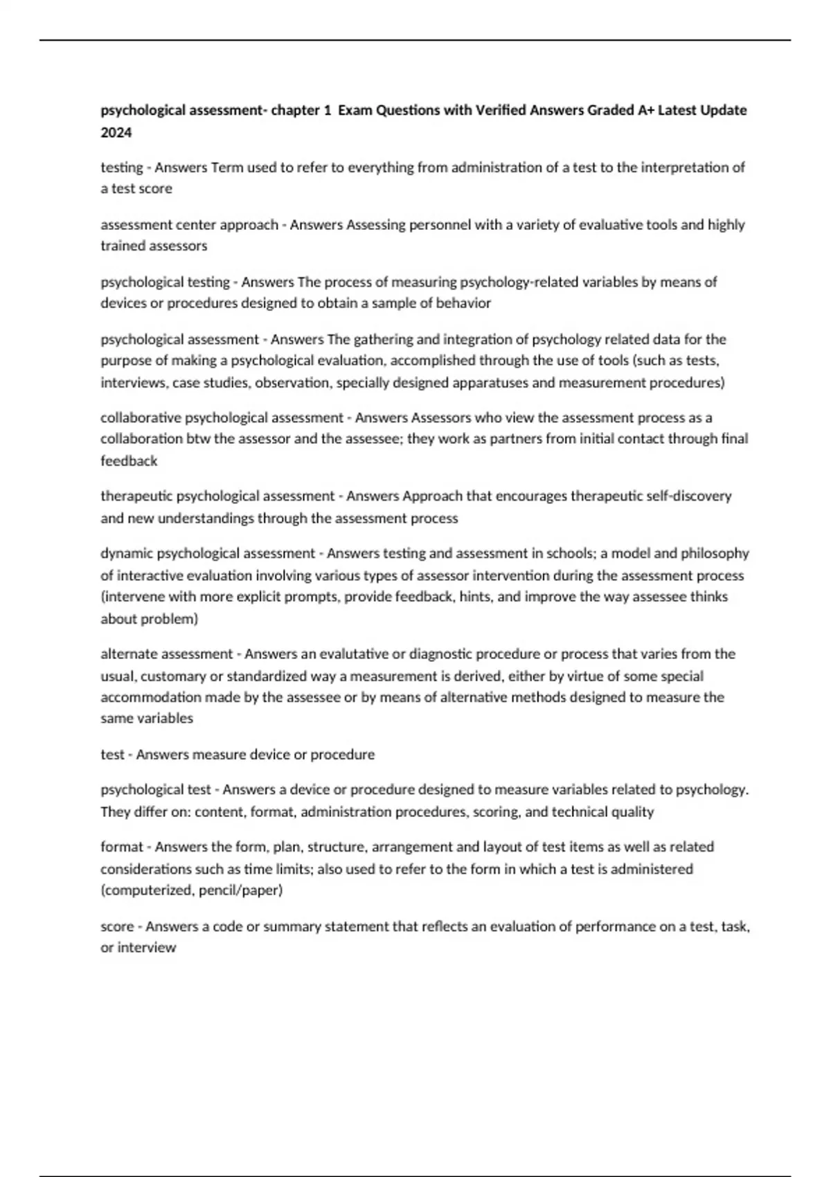 psychological assessment- chapter 1 Exam Questions with Verified ...