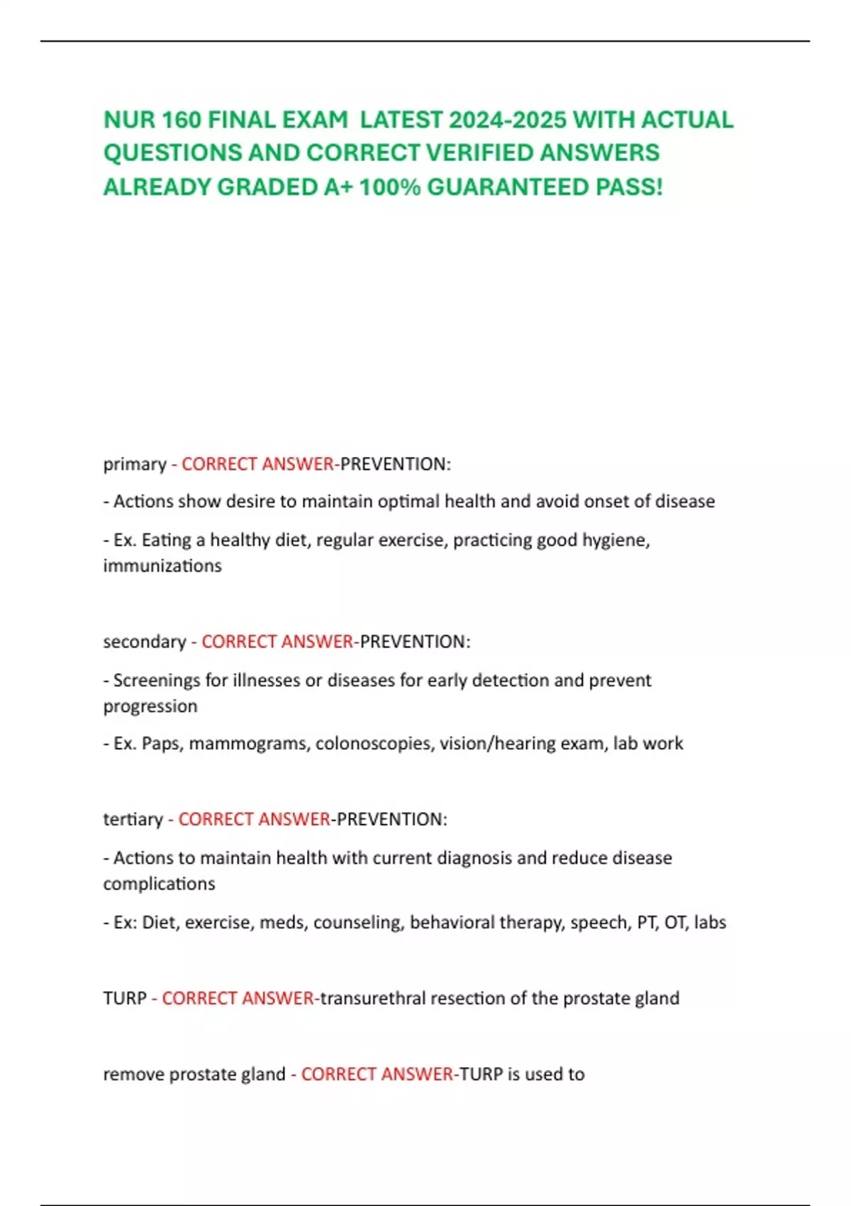 NUR 160 FINAL EXAM LATEST WITH ACTUAL QUESTIONS AND CORRECT VERIFIED ...