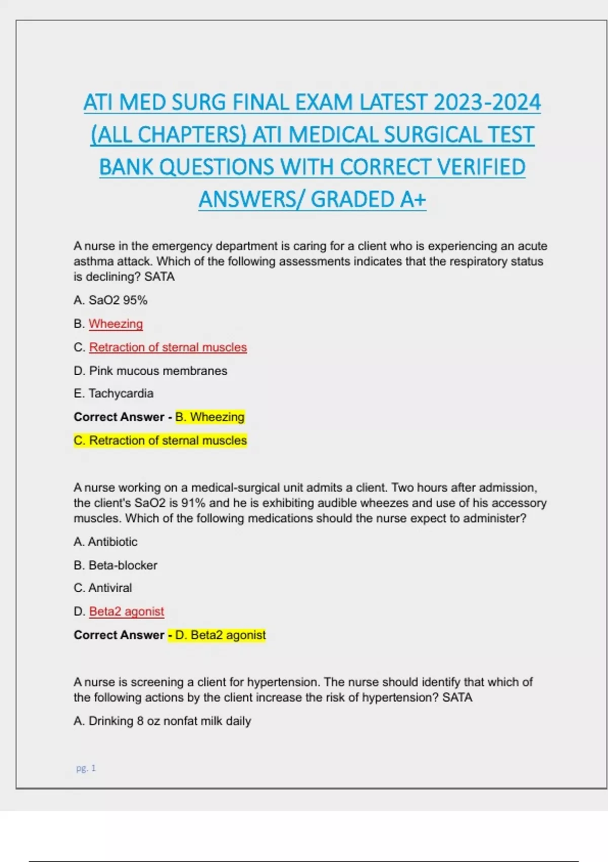 ATI MED SURG EXAM LATEST 2024 ACTUAL EXAM TEST BANK| COMPLETE QUESTIONS ...