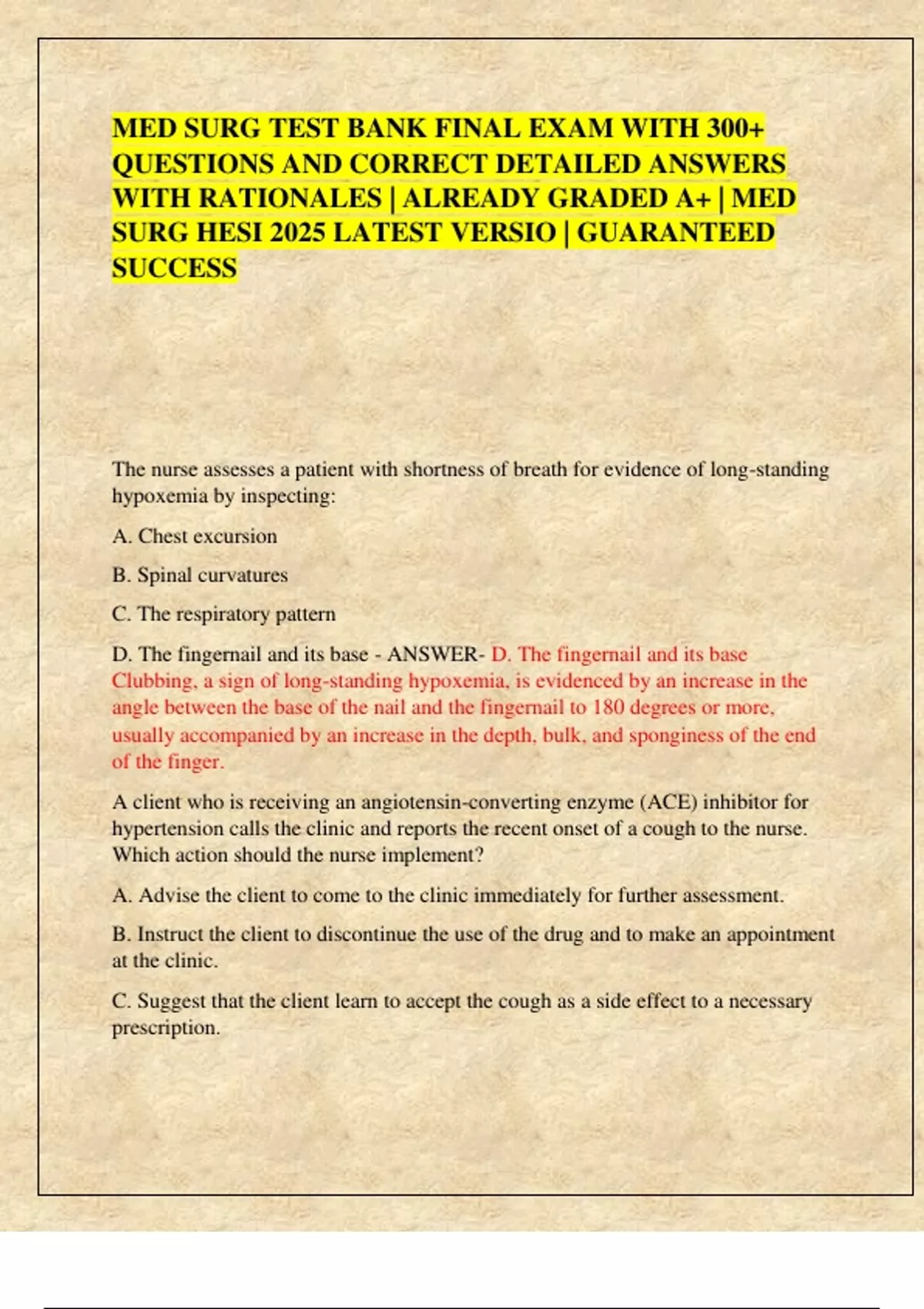 MED SURG TEST BANK FINAL EXAM WITH 300+ QUESTIONS AND CORRECT DETAILED ...