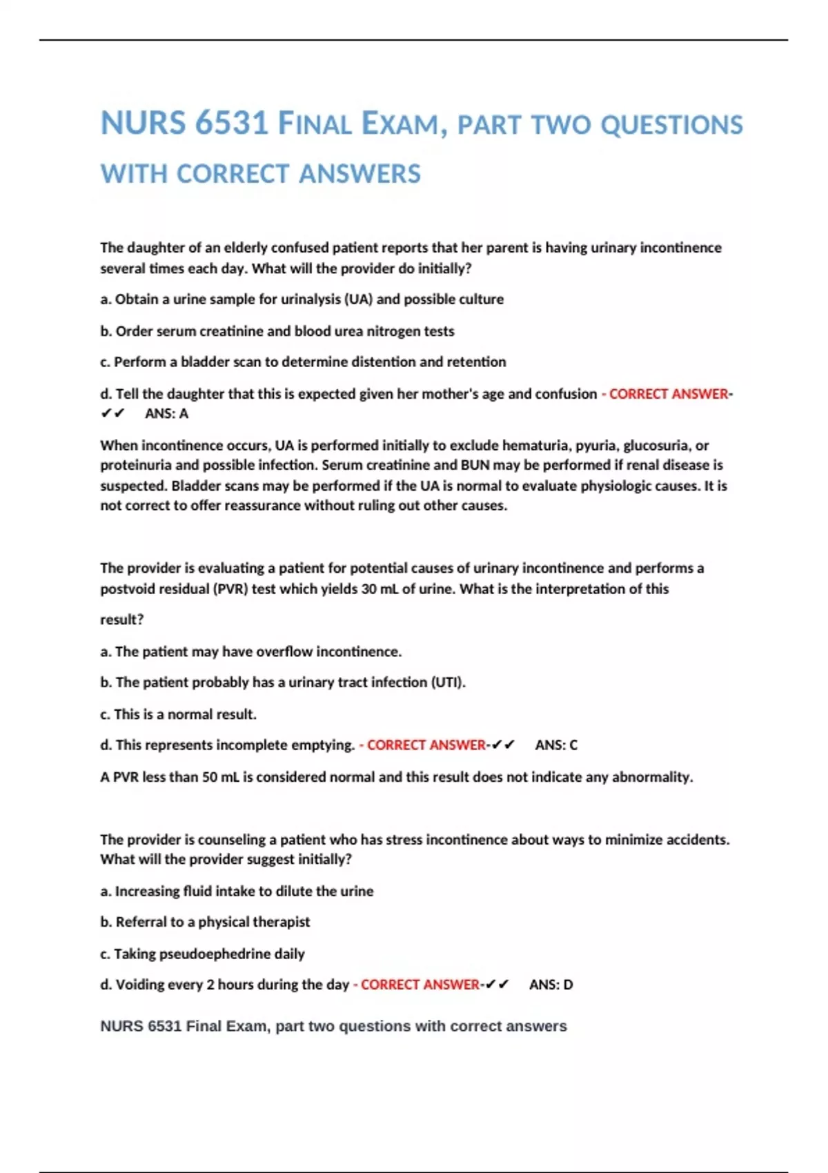 NURS 6531 FINAL EXAM, PART TWO QUESTIONS WITH CORRECT ANSWERS - NURS ...