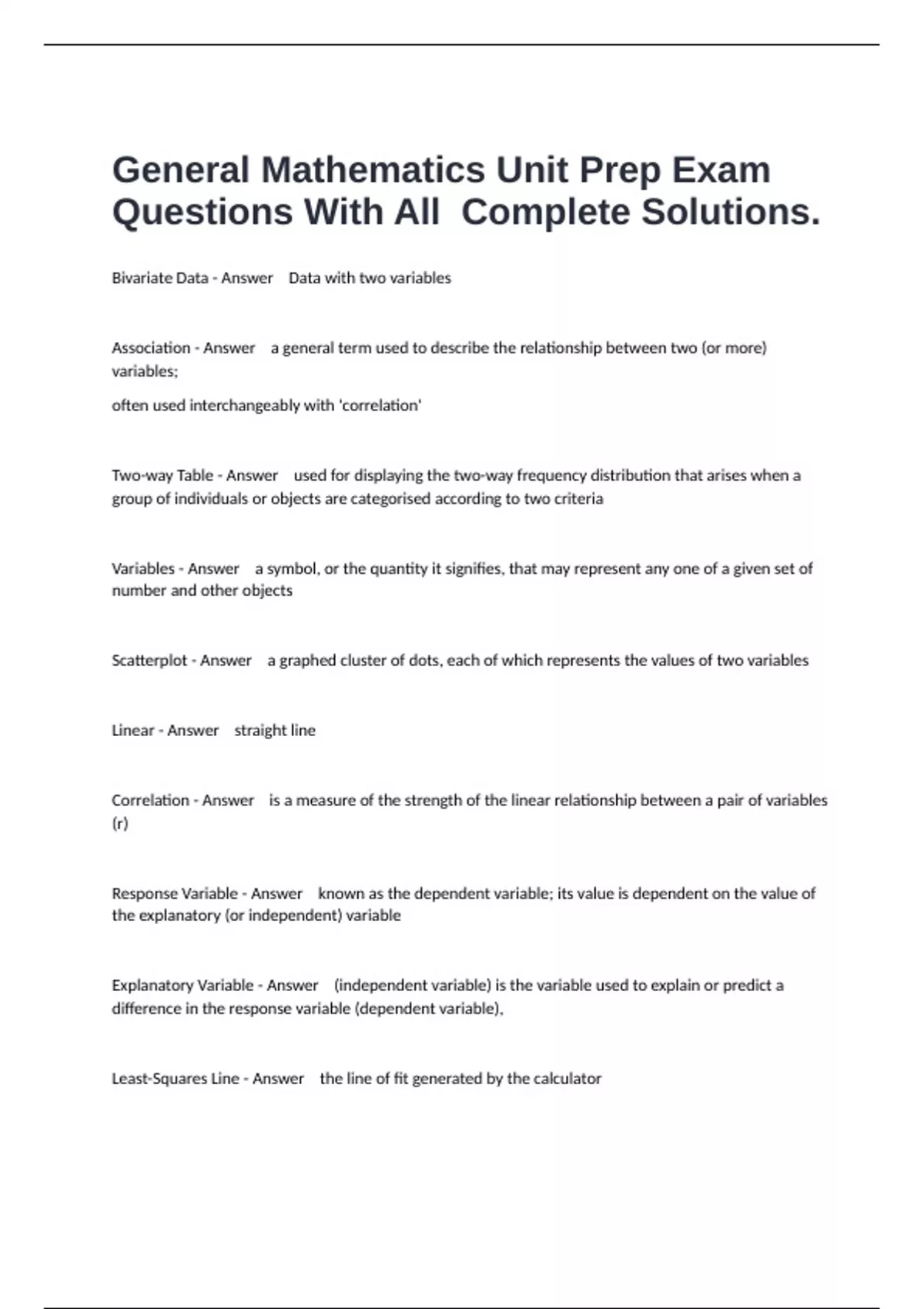 General Mathematics Unit Prep Exam Questions With All Complete ...
