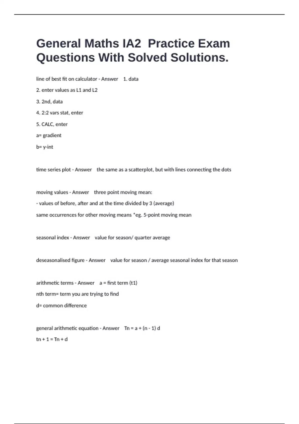 General Maths IA2 Practice Exam Questions With Solved Solutions ...