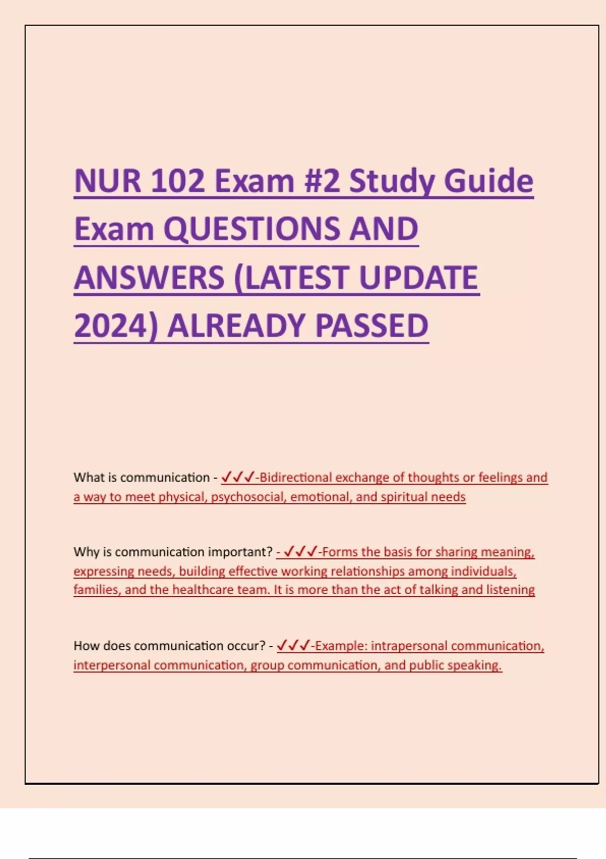 NUR 102 Exam #2 Study Guide Exam QUESTIONS AND ANSWERS (LATEST UPDATE ...