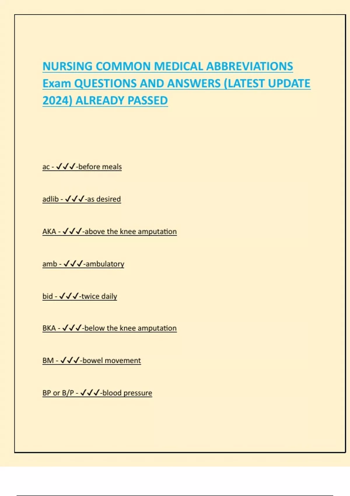 NURSING COMMON MEDICAL ABBREVIATIONS Exam QUESTIONS AND ANSWERS (LATEST ...