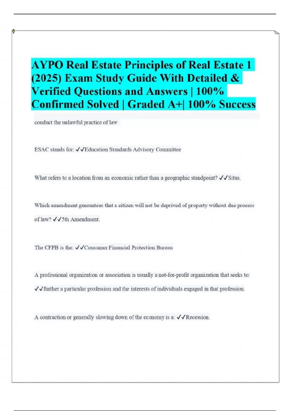 AYPO Real Estate Principles of Real Estate 1 (2025) Exam Study Guide With Detailed &amp; Verified ...