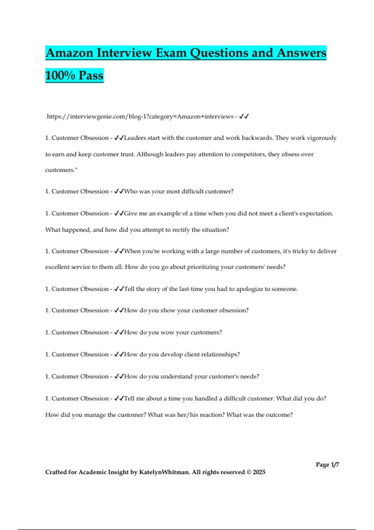 Amazon Interview Exam Questions and Answers 100% Pass - Amazon ...