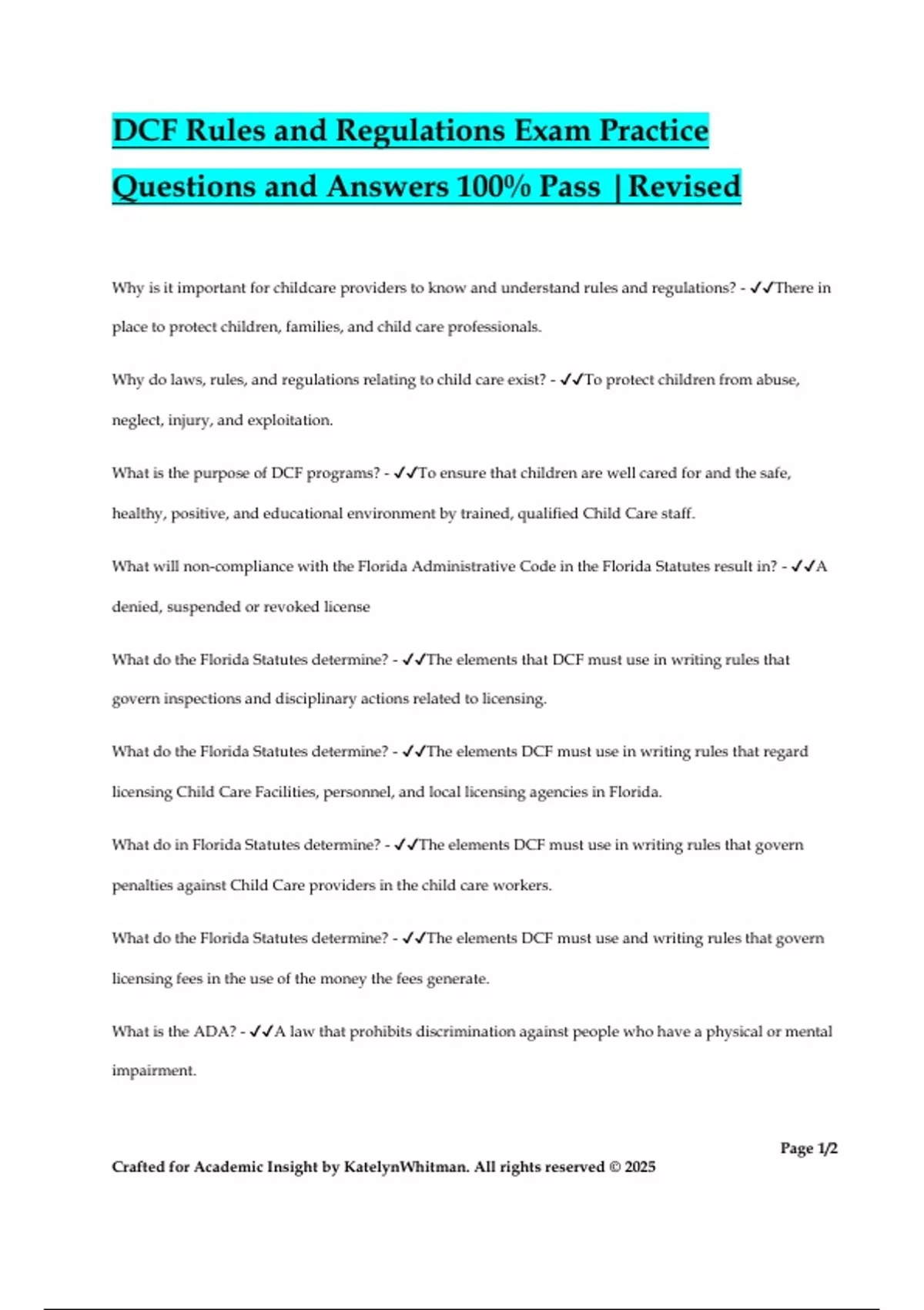 DCF Comprehensive Bundled Exams and Study Guides Questions with Answers ...