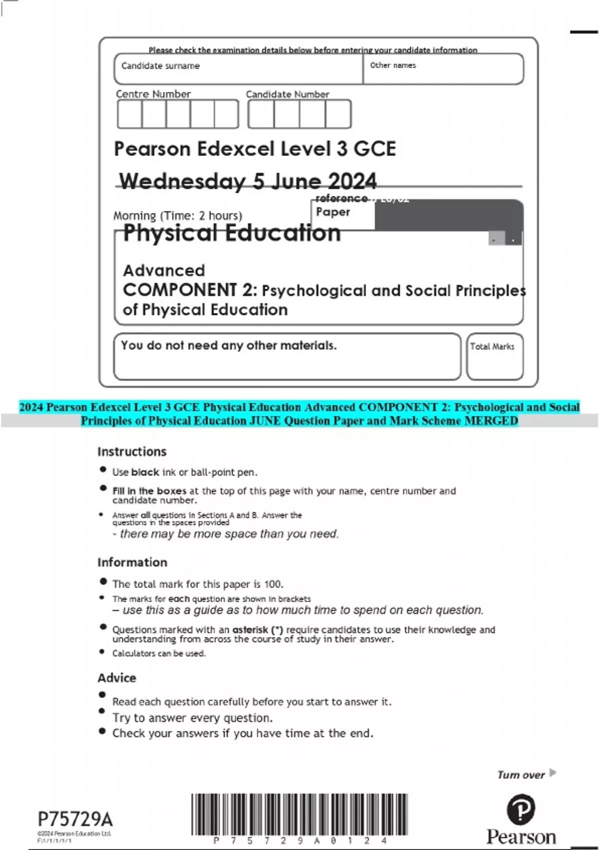 2024 Pearson Edexcel Level 3 GCE Physical Education Advanced COMPONENT ...