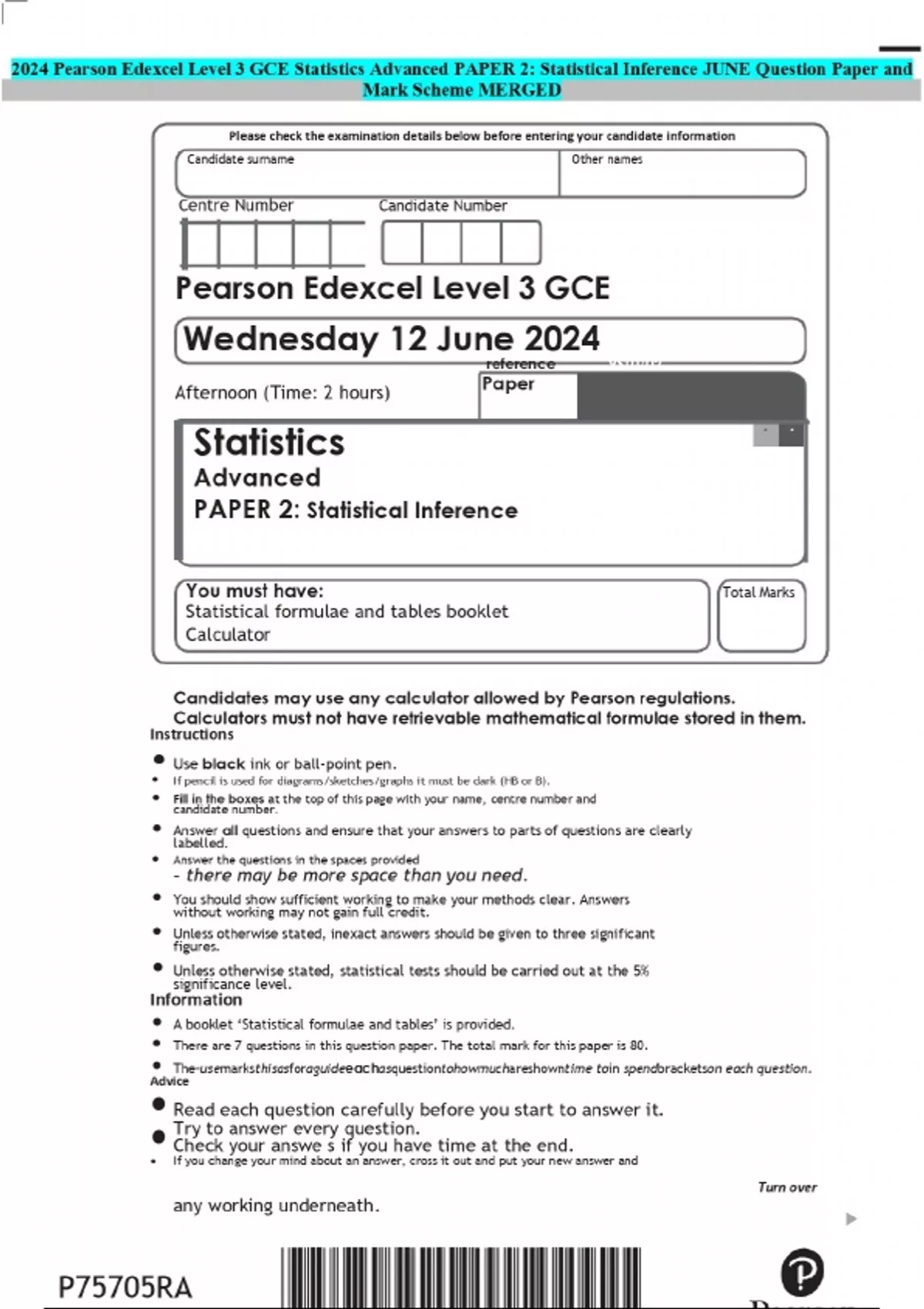 2024 Pearson Edexcel Level 3 GCE Statistics Advanced PAPER 2 ...