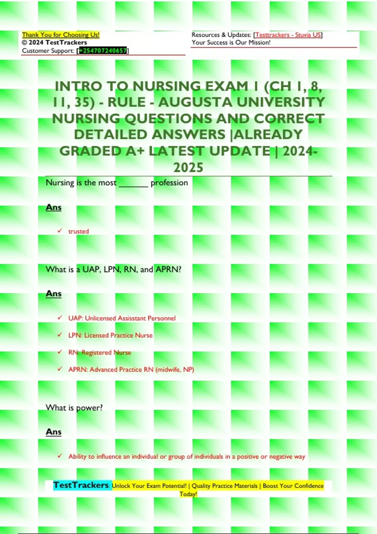 INTRO TO NURSING EXAM 1 (CH 1, 8, 11, 35) - RULE - AUGUSTA UNIVERSITY ...