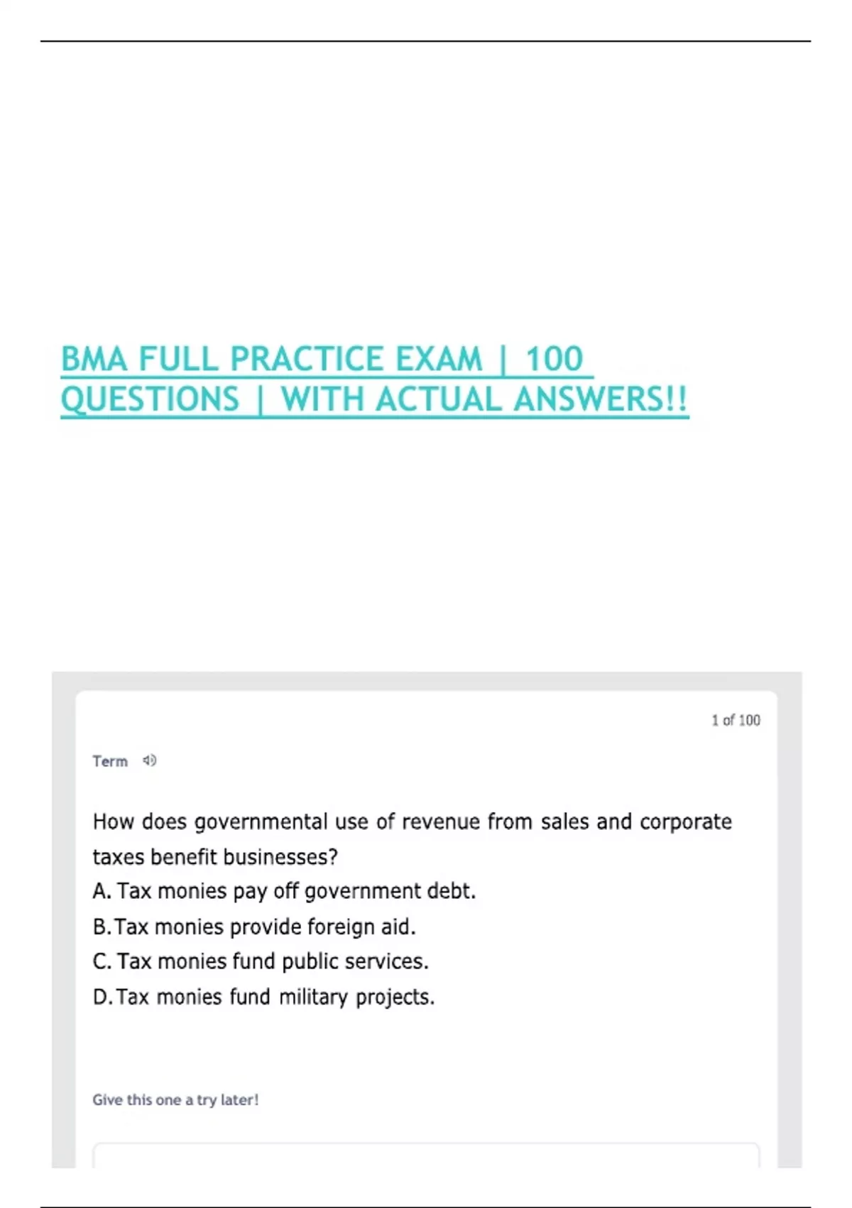 BMA FULL PRACTICE EXAM | 100 QUESTIONS | WITH ACTUAL ANSWERS!! - BMA ...