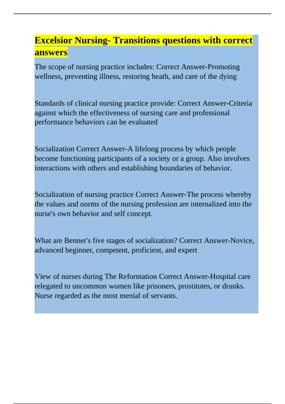 Excelsior Nursing Transitions questions with correct answers