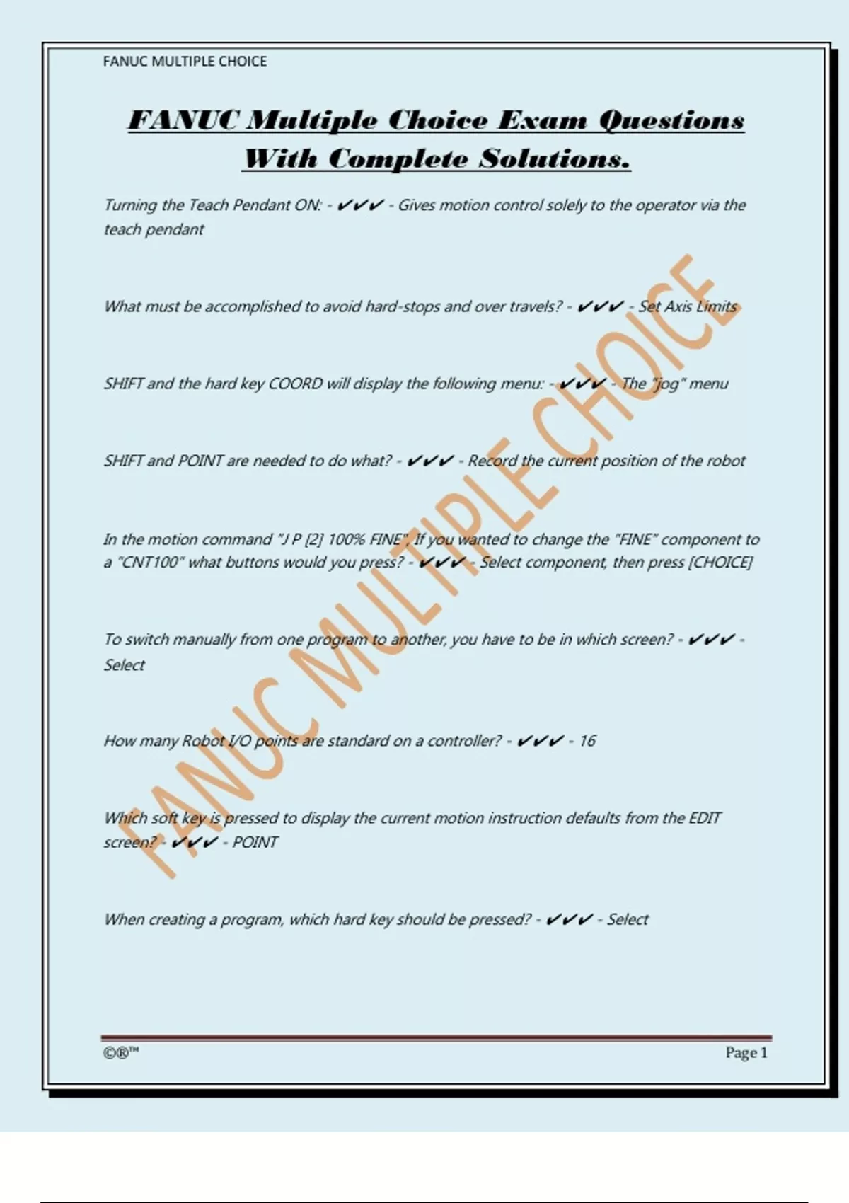 FANUC Multiple Choice Exam Questions With Complete Solutions. - FANUC ...