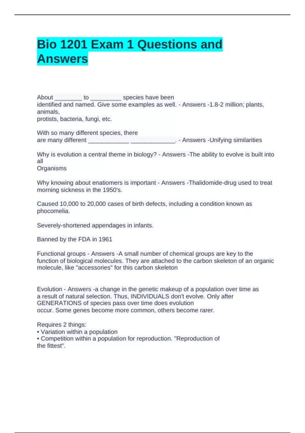 Bio 1201 Exam 1 Questions and Answers 2025 - Biology 1201 - Stuvia US