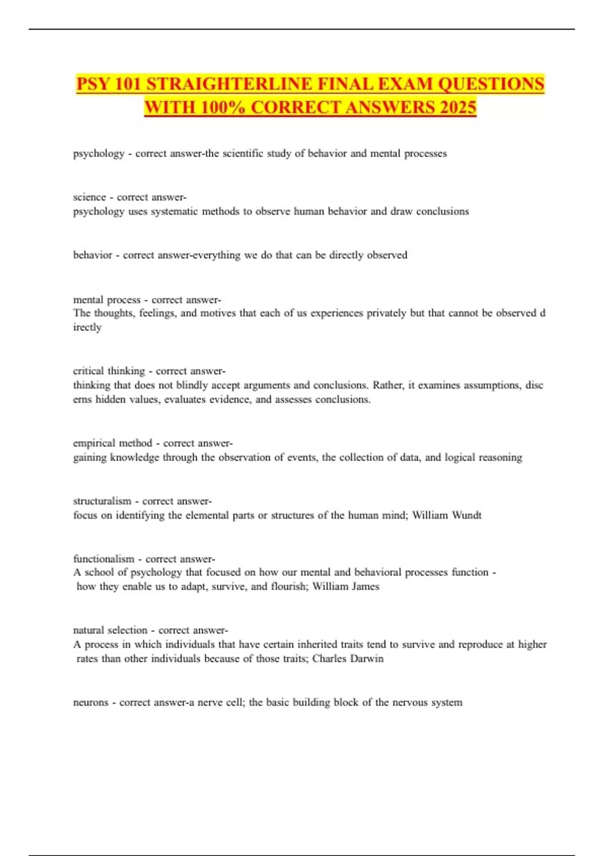 PSY 101 STRAIGHTERLINE FINAL EXAM QUESTIONS WITH 100% CORRECT ANSWERS ...
