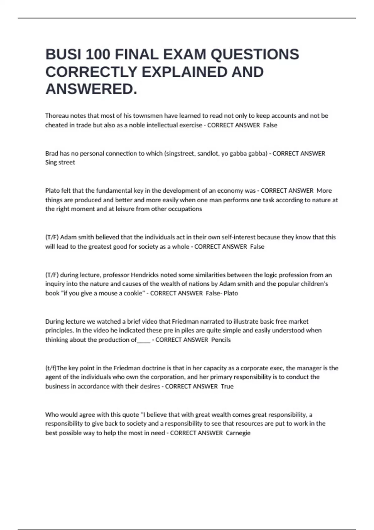 BUSI 100 FINAL EXAM QUESTIONS CORRECTLY EXPLAINED AND ANSWERED. - BUSI ...