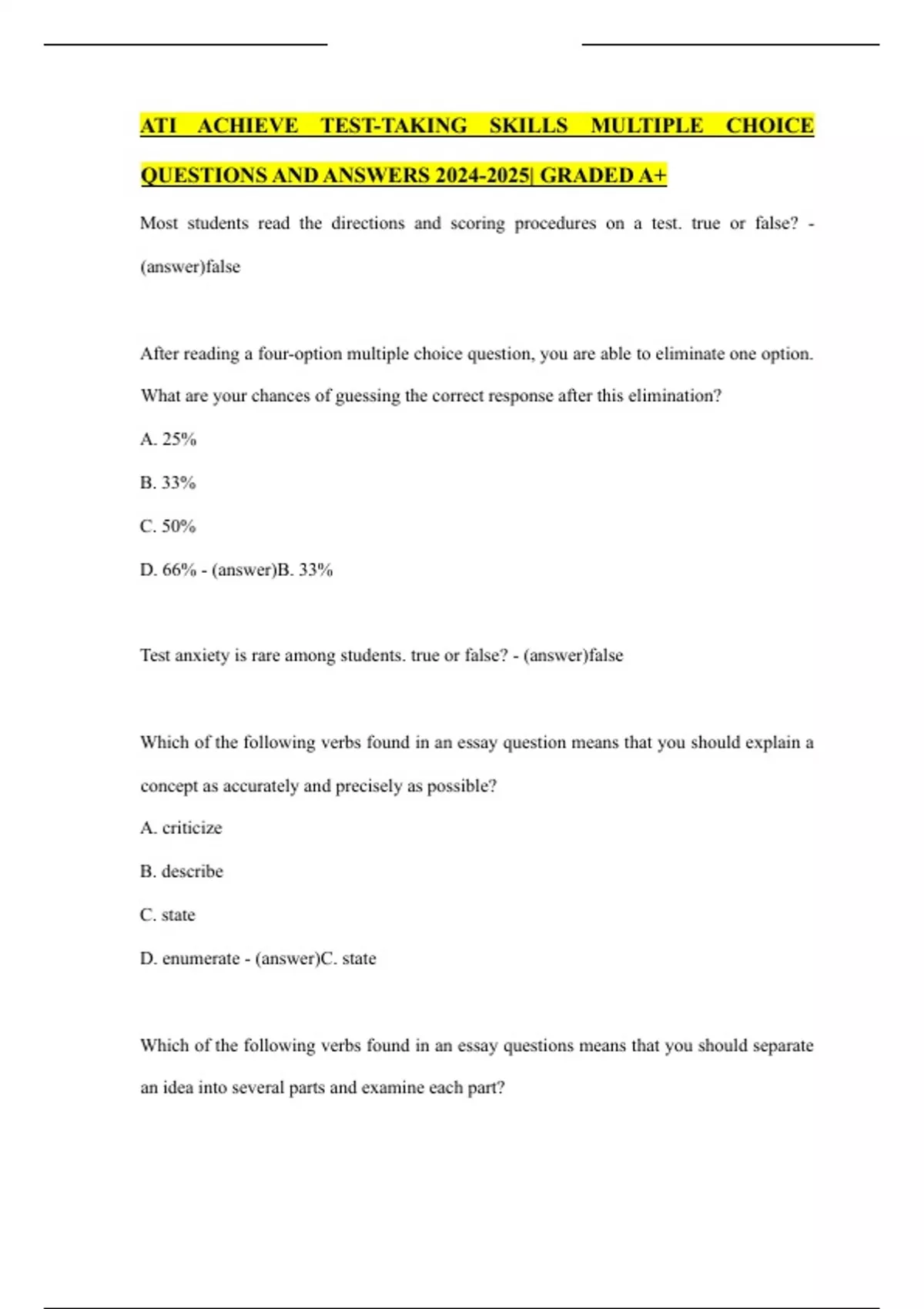 ATI ACHIEVE TEST-TAKING SKILLS MULTIPLE CHOICE QUESTIONS AND ANSWERS ...