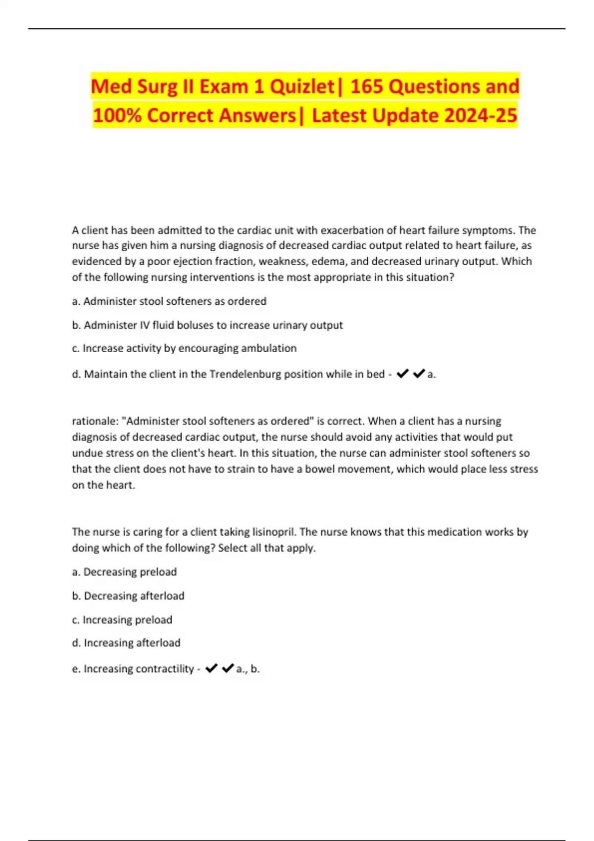 Med Surg II Exam 1 Quizlet| 165 Questions and 100% Correct Answers ...
