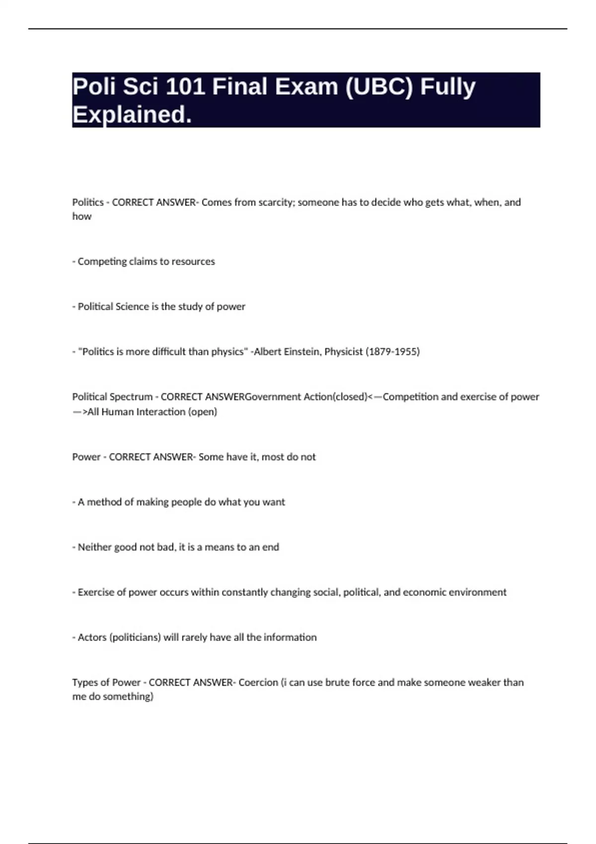Fully Explained Poli Sci 101 Final Exam (UBC) Fully Explained. - UBC. - Stuvia US