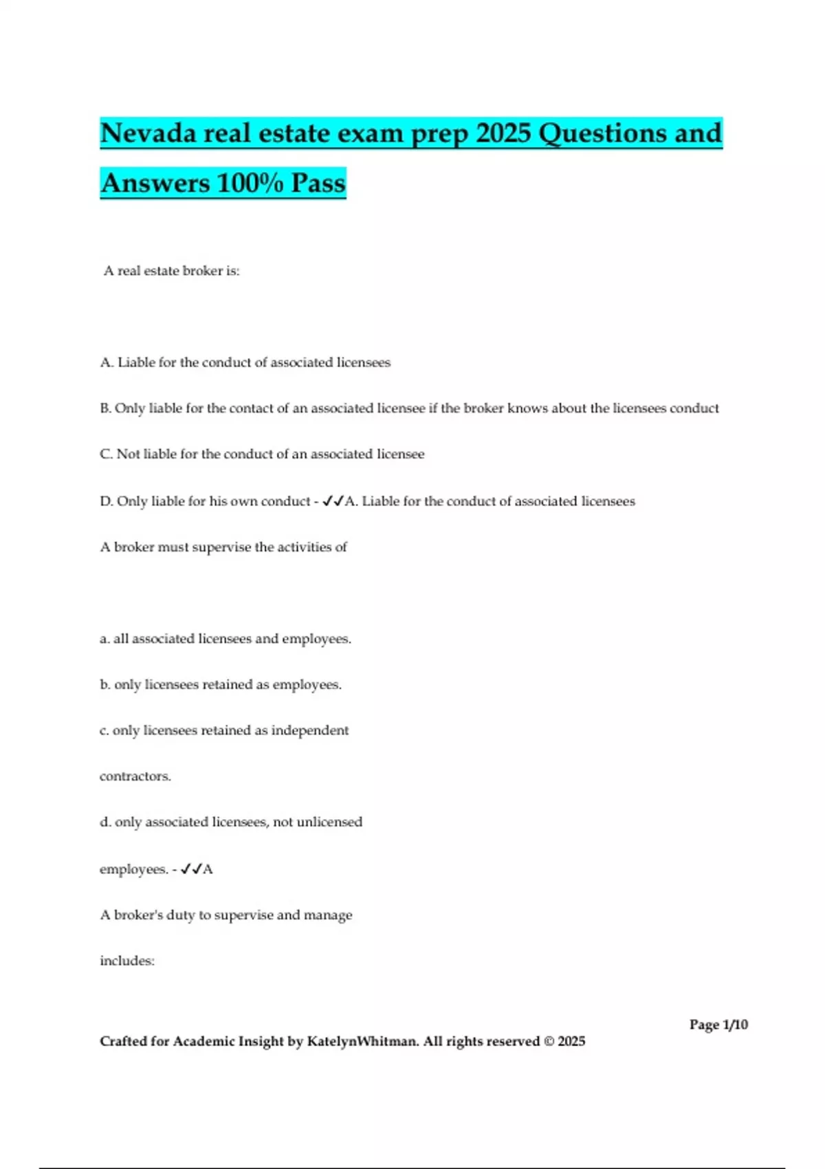 Nevada real estate exam prep 2025 Questions and Answers 100% Pass ...