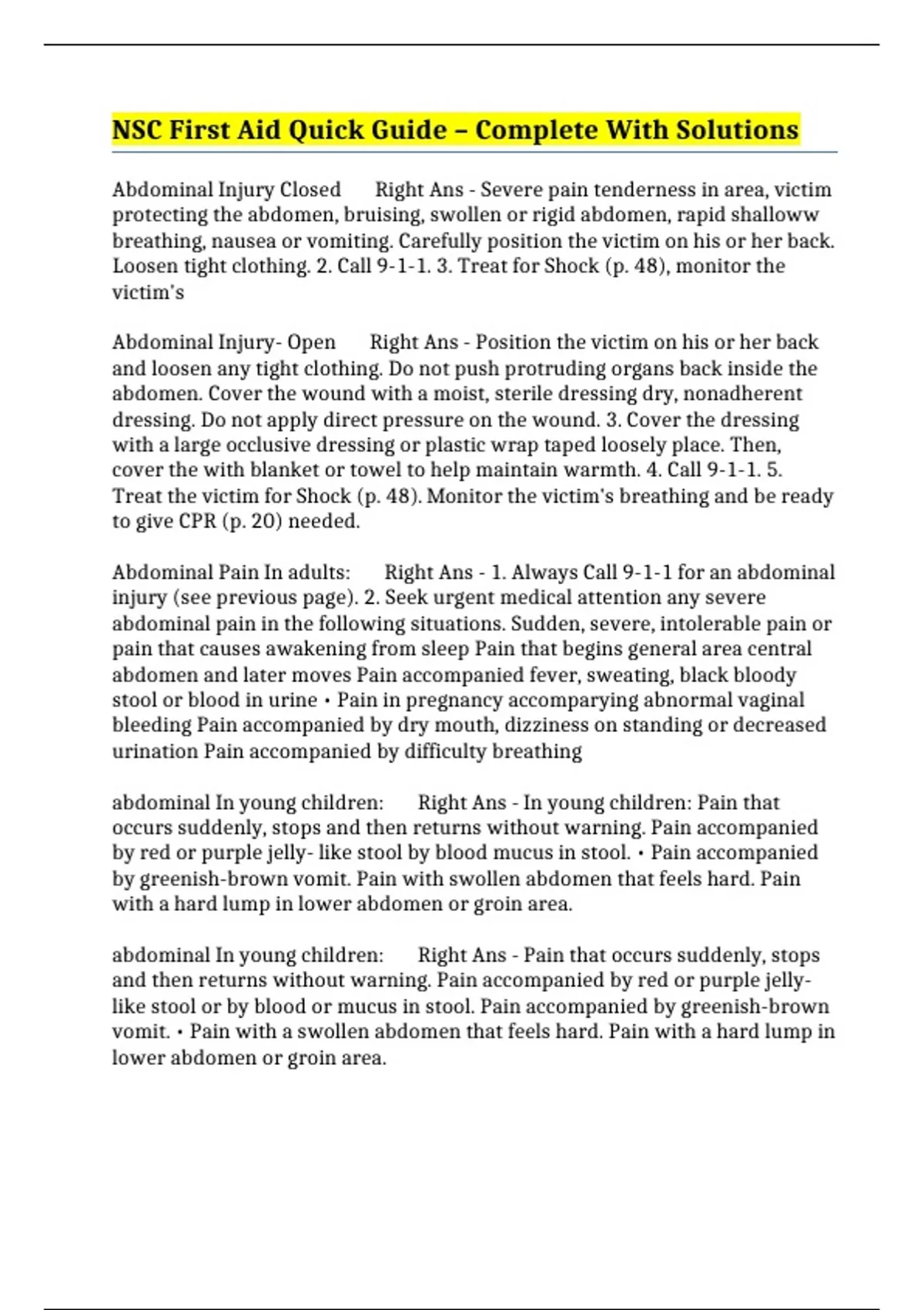 NSC First Aid Quick Guide – Complete With Solutions - NSC First Aid ...