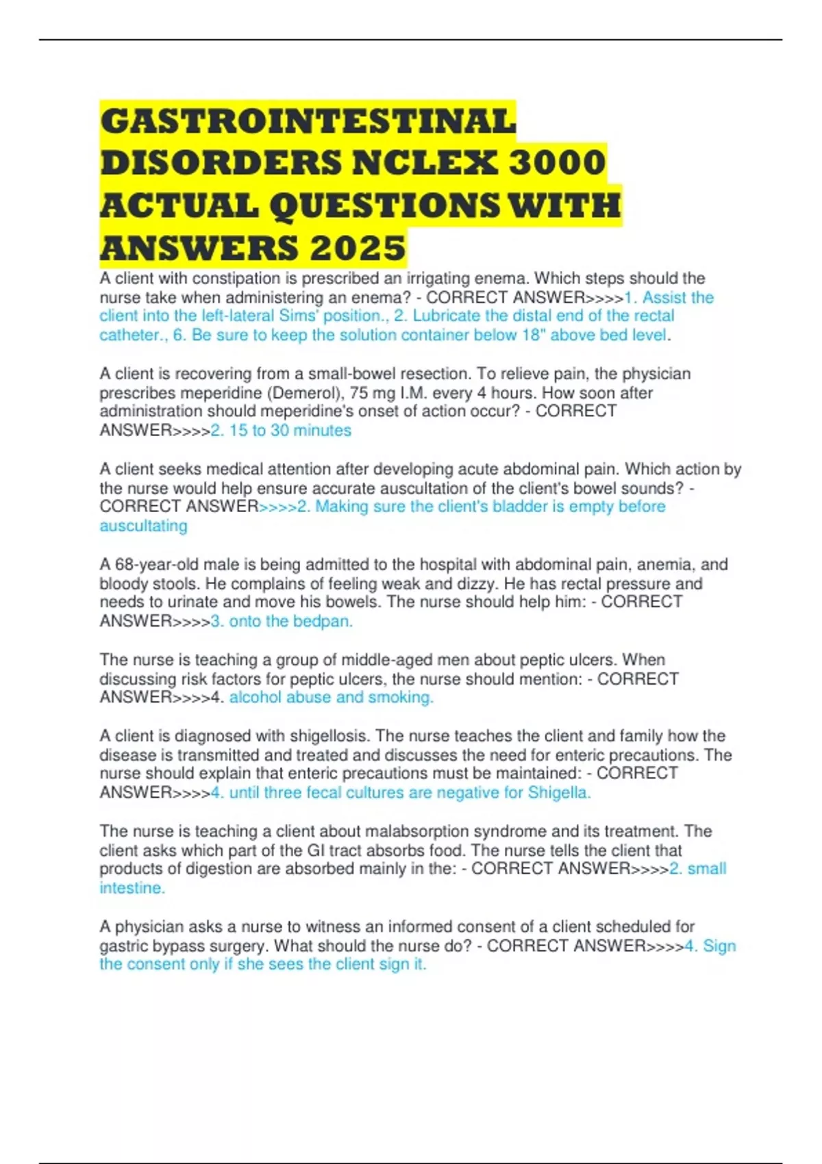 GASTROINTESTINAL DISORDERS NCLEX 3000 ACTUAL QUESTIONS WITH ANSWERS ...