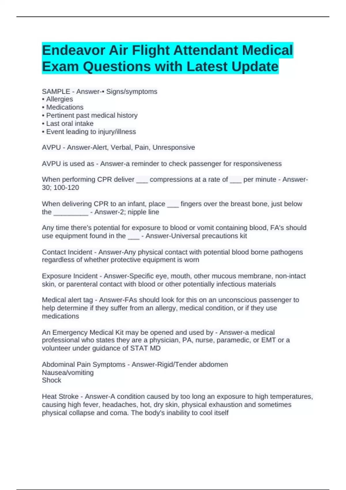 Endeavor Air Flight Attendant Medical Exam Questions with Latest Update - Flight attendant ...