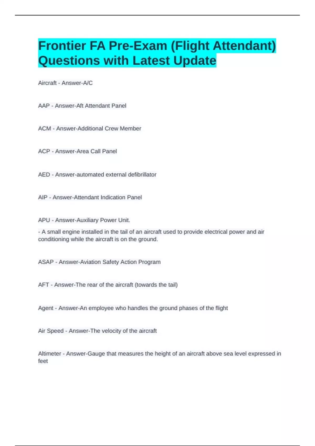 Pre Flight Questions Frontier FA Pre-Exam (Flight Attendant) Questions with Latest Update ...