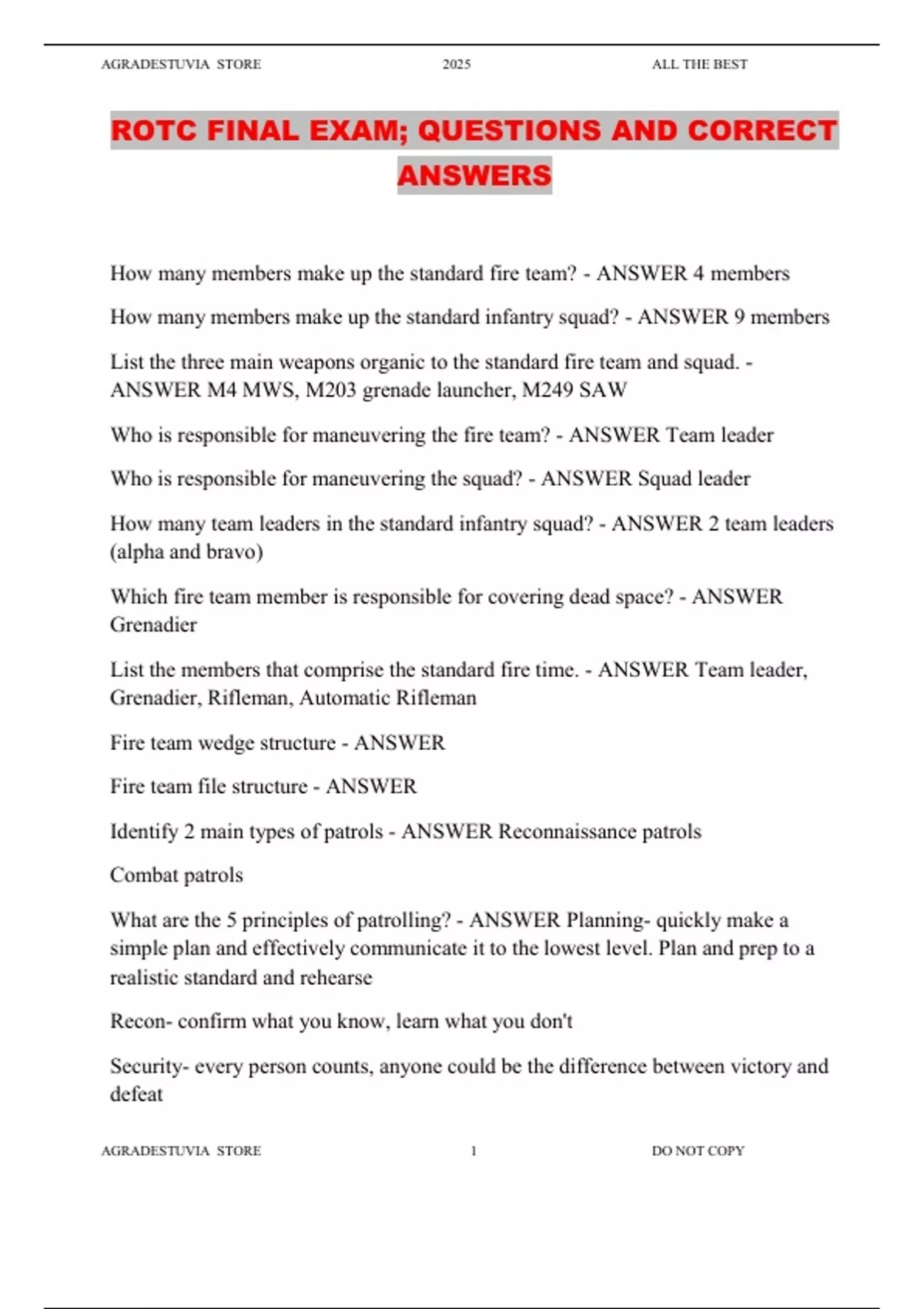 ROTC FINAL EXAM; QUESTIONSANDCORRECTANSWERS - ROTC - Stuvia US