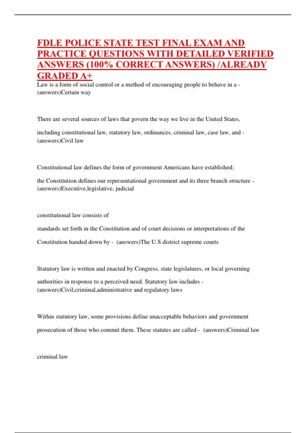FDLE POLICE STATE TEST FINAL EXAM AND PRACTICE QUESTIONS WITH DETAILED VERIFIED ANSWERS (100% ...
