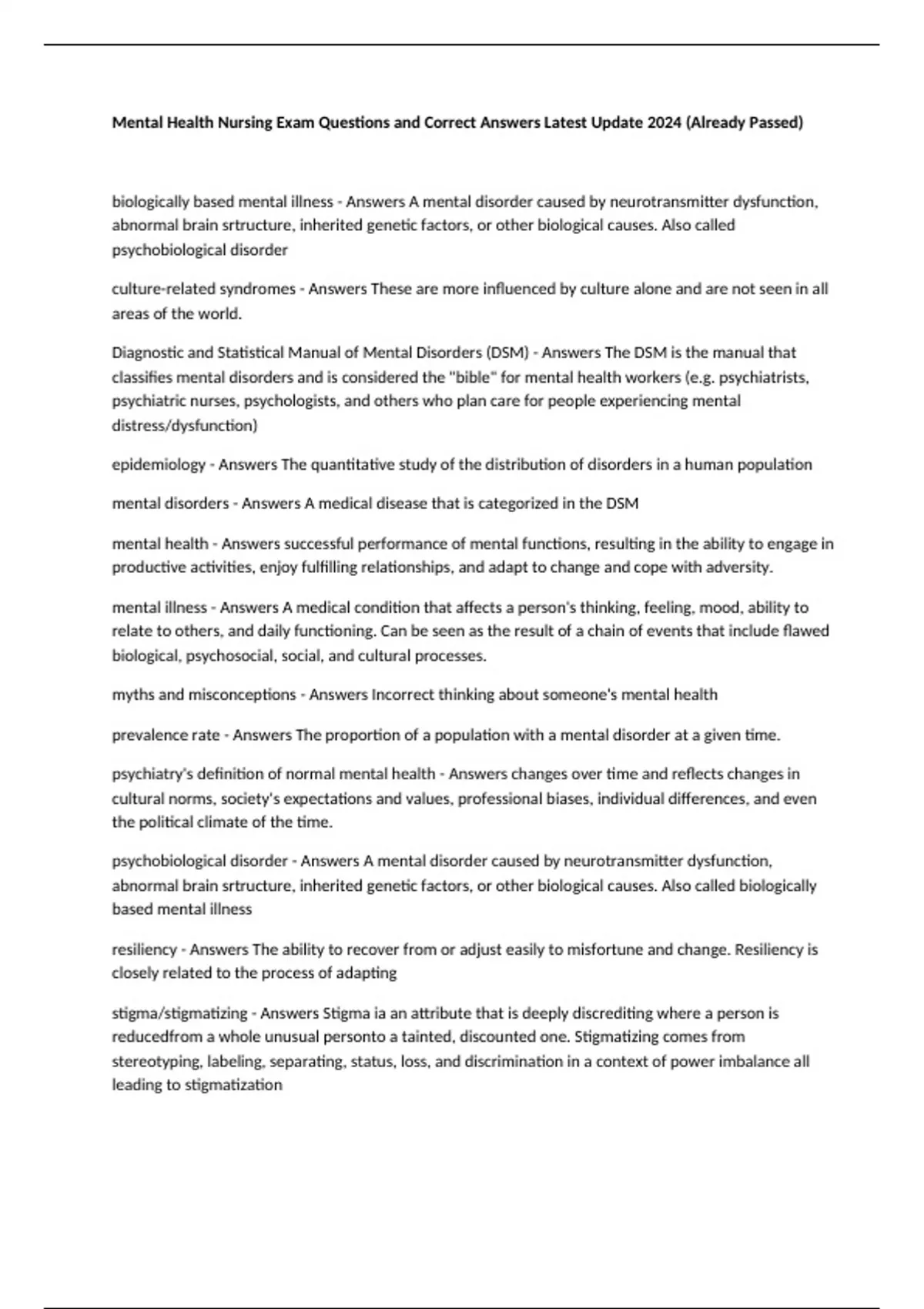 Mental Health Nursing Exam Questions and Correct Answers Latest Update ...