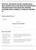 STATE OF COLORADO SALES LICENSE EXAM 2024 NEWEST EXAM AND PRACTICE QUESTIONS 400 QUESTIONS WITH DETAILED VERIFIED ANSWERS &lpar;100&percnt; CORRECT&rpar; &sol;ALREADY GRADED A&plus;