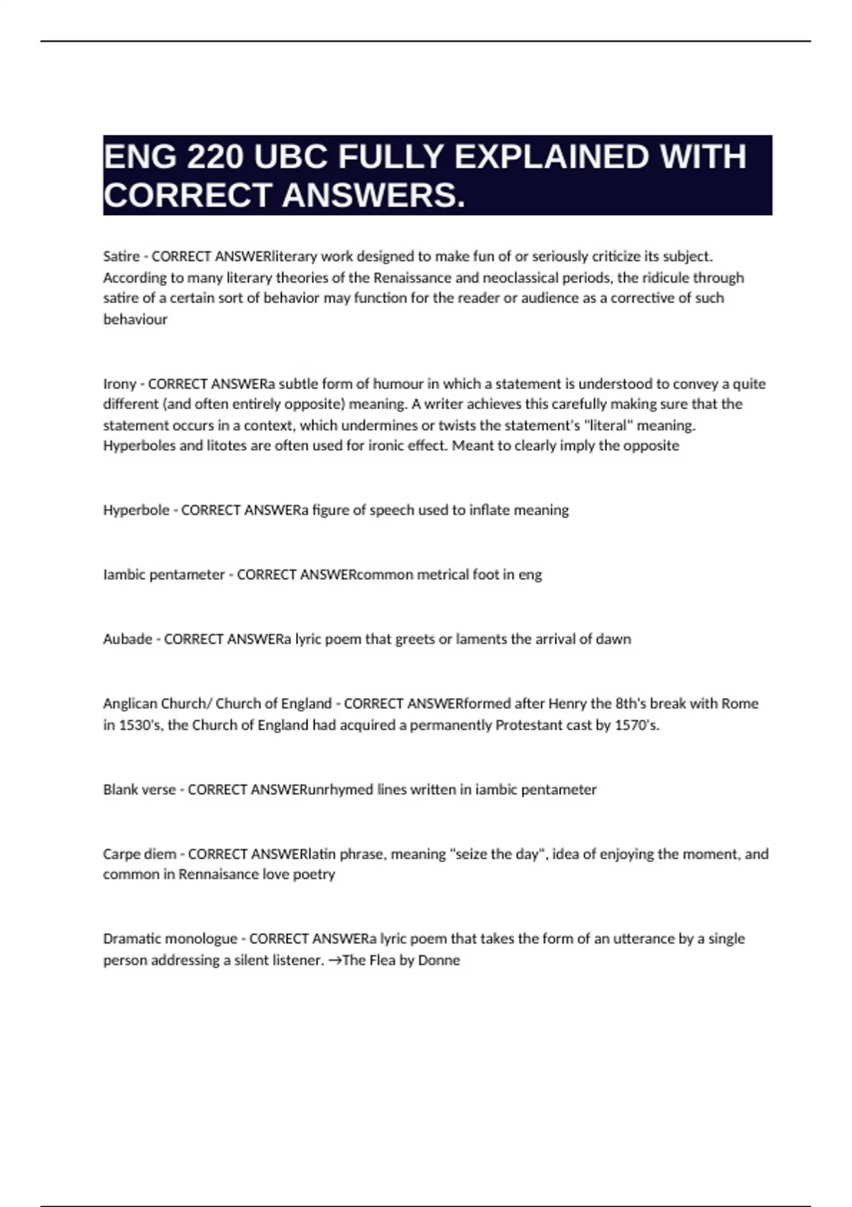 Fully Explained ENG 220 UBC FULLY EXPLAINED WITH CORRECT ANSWERS. - UBC. - Stuvia US