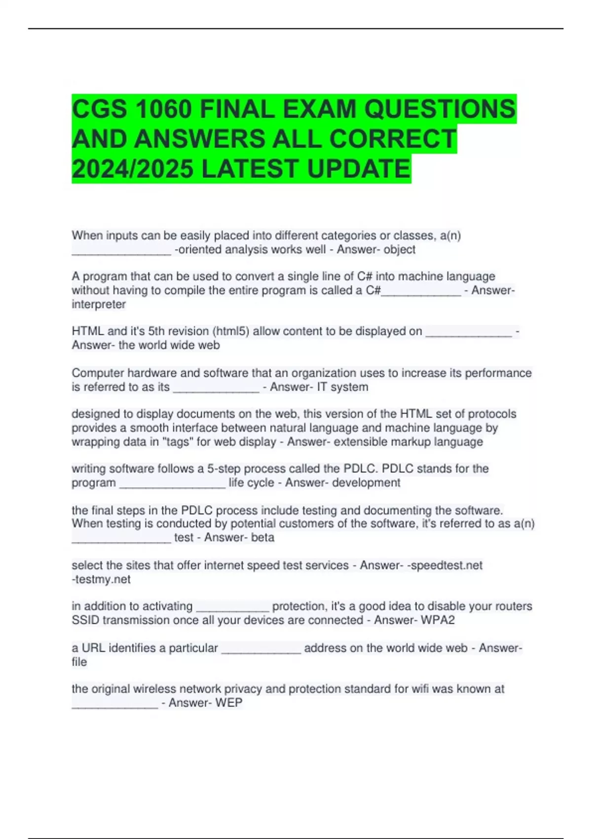 CGS 1060 FINAL EXAM QUESTIONS AND ANSWERS ALL CORRECT 2024/2025 LATEST ...