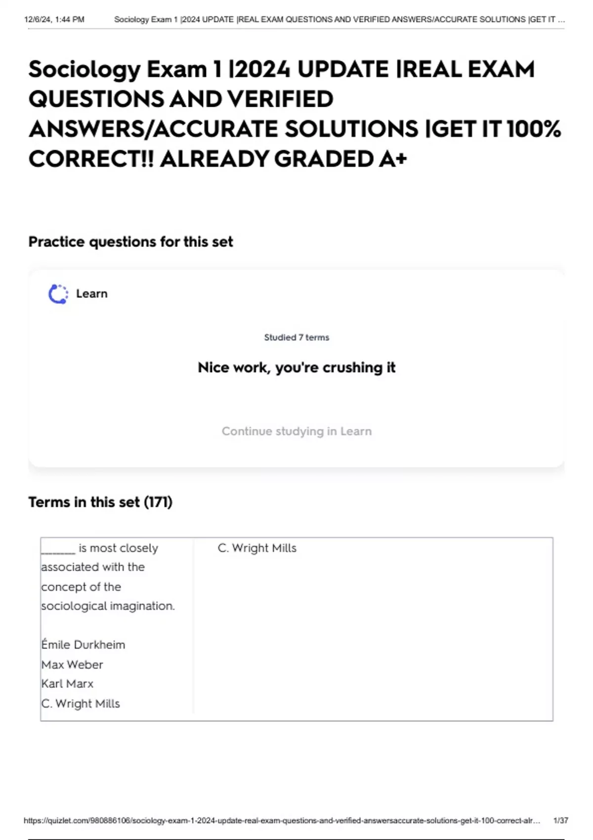 Sociology Exam 1 |2024 UPDATE |REAL EXAM QUESTIONS AND VERIFIED ANSWERS ...