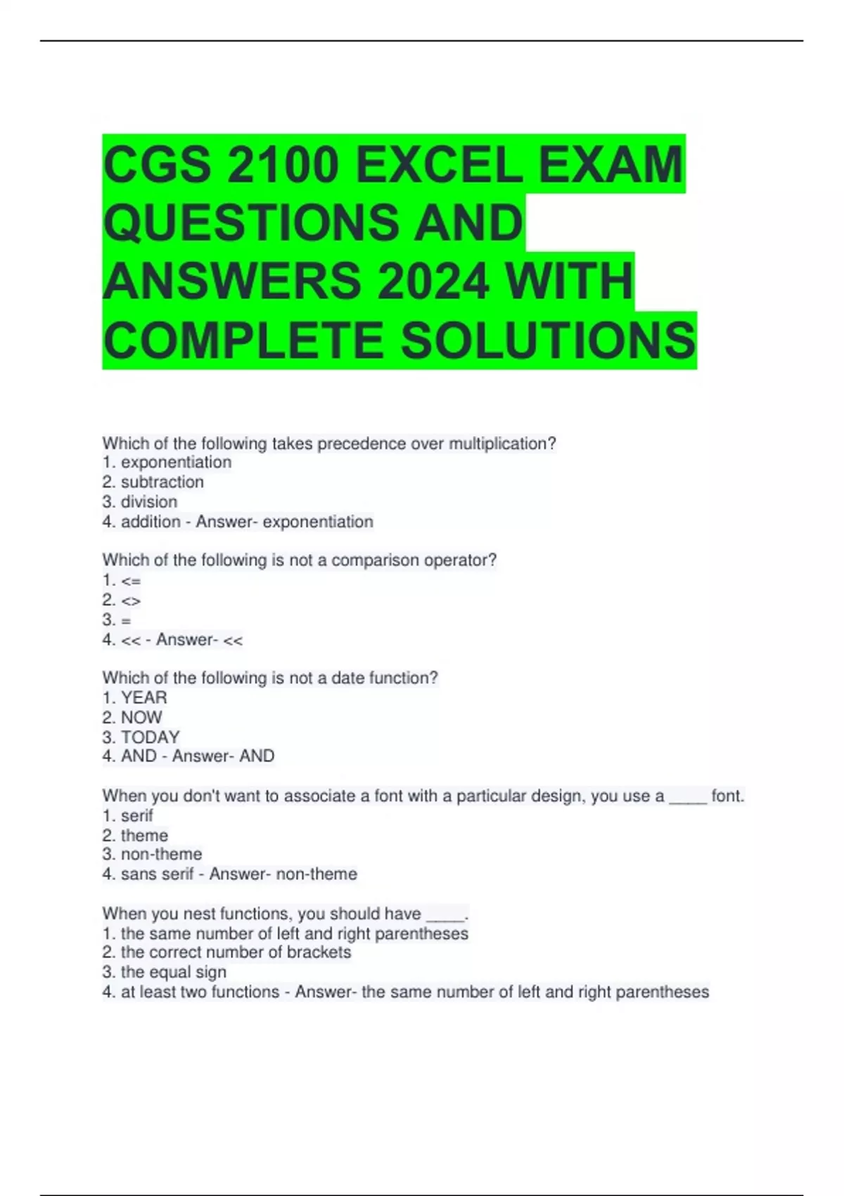 CGS 2100 EXCEL EXAM QUESTIONS AND ANSWERS 2024 WITH COMPLETE SOLUTIONS ...