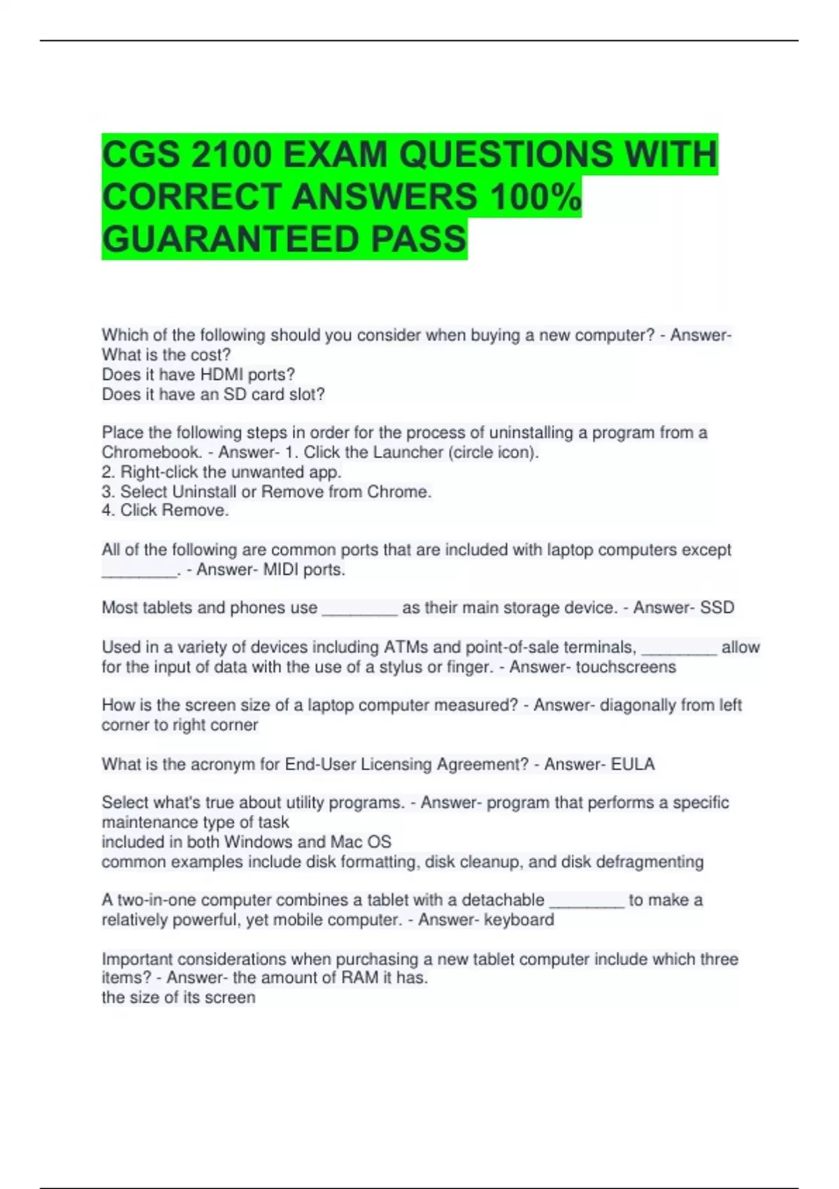 CGS 2100 EXAM QUESTIONS WITH CORRECT ANSWERS 100% GUARANTEED PASS - CGS ...