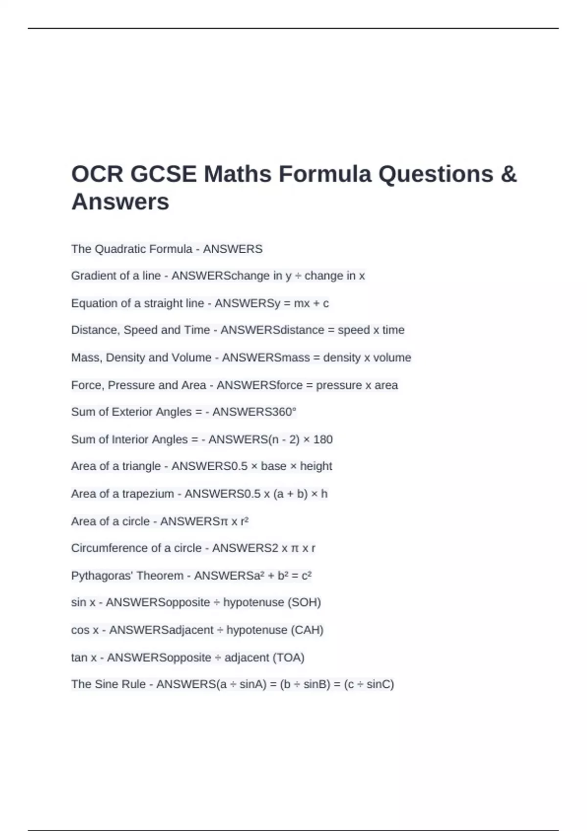 OCR GCSE Maths Formula Questions & Answers - OCR GCSE Maths Formula ...